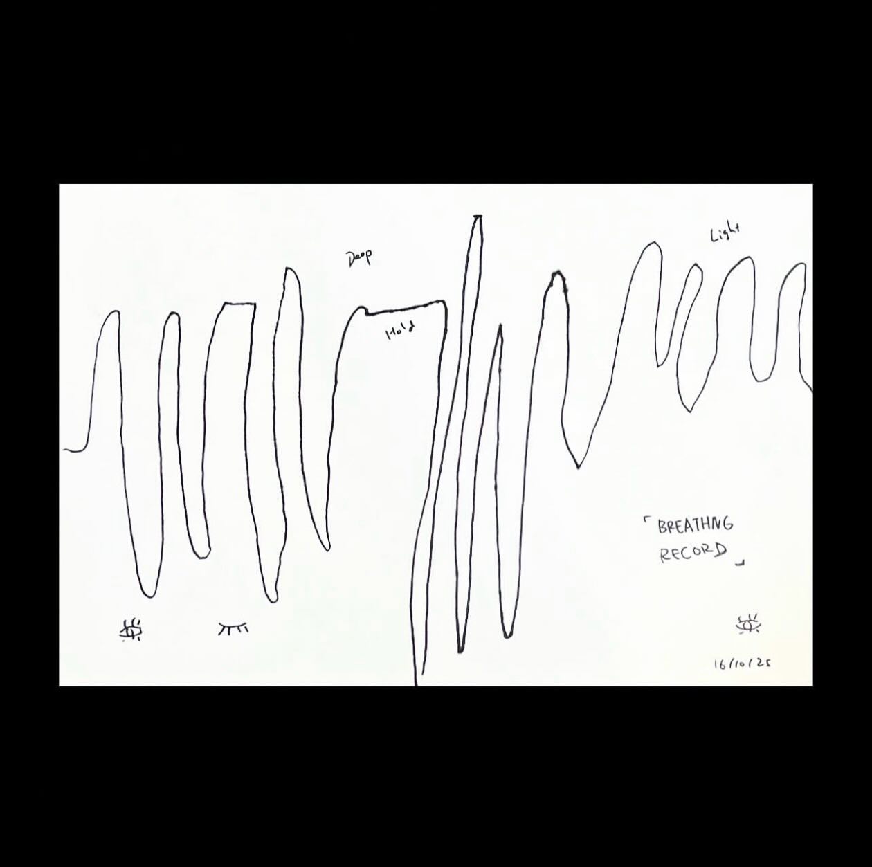 A Breathing Record
A visual way to understand my breathing pattern. When my chest feels tight, I take a big breath in and hold it for as long as I can until I can’t anymore. I notice it pushes the oxygen up to my head, and my body feels out of control and suddenly drops. It makes me realize that I haven’t really been breathing properly. So I made this drawing with my eyes closed to explore how deep and shallow breathing actually feel to me.
#breathing#breathingexercises#breathingart#interactiveart#spiritualityandart#spiritualityandhealth#breathingtherapy#breathingrecord#onenesssstudio#howtobreathe