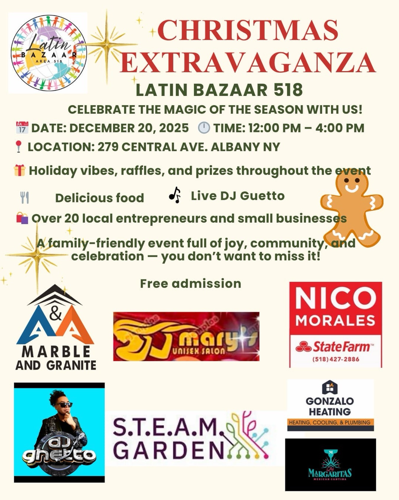 The Central Avenue BID is excited to share that Latin Bazaar 518 is hosting a Christmas Extravaganza on December 20! 🎄✨
Families are invited to enjoy holiday vibes, local vendors, raffles, music, and more! This free, family-friendly celebration brings together entrepreneurs, neighbors, and festive cheer, a perfect way to enjoy the season! ❤️💚
📍279 Central Ave.
Albany, NY