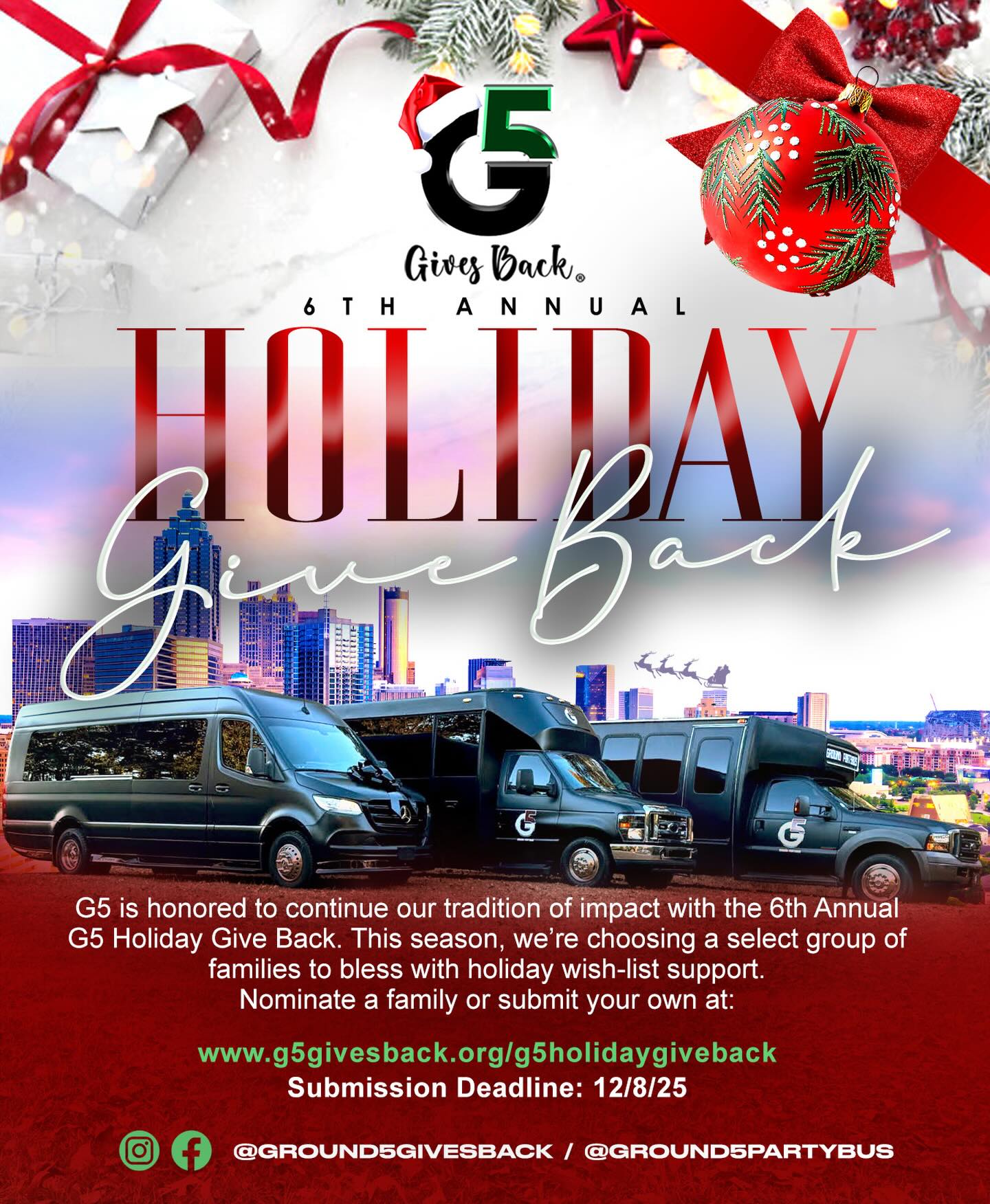 2 DAYS LEFT TO SUBMIT!
.
G5 is honored to continue our tradition of impact with the 6th Annual G5 Holiday Give Back! This season, we're choosing a select group of families to bless with holiday wish-list support.
.
The G5 Holiday Give Back has a primary focus on providing basic household and personal necessities, holiday wish list for children, family meals, and school supplies.
.
We do not publicly announce or release the names, photos, or video of the recipients of our give backs.
We feel this way families who need assistance can submit with the peace of mind in knowing they will not be plastered over the internet. We all need a little help sometimes and it's important to know we are all in this together.
.
Click the link in our bio to nominate a family or submit your own. Families must be a resident of Fulton or Clayton County.