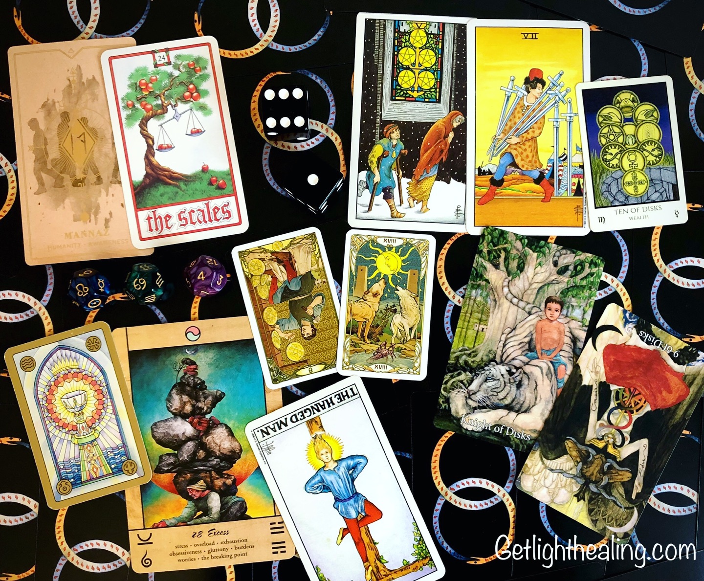 Guidance to 2026:
“2026: Moving Past the Breaking Point ”
2026 calls us to remember our humanity and work together. The scales demand balance in all things—we cannot tip too far in any direction without losing our equilibrium. Humanity suffers at the hand of those who force extremes. Though we face theft, deception, and systemic oppression that keeps us desperate and divided, we will reach a breaking point that catalyzes action. No more martyrdom, no more waiting for saviors. We must put down the cross, trust our instincts, and create fundamental change together. Slowly but surely, through cooperation, resourcefulness, and discipline, we will build new stability and move away from dependency on systems designed to exploit us. The work is difficult, the path unclear, but the wheels are already in motion.
Let’s dive in closer…..
The Theme for 2026: Mannaz (Humanity & Awareness)
🧿
Dice: SN, Cancer, 4- Stability
Dice: 1 & 6
Focus: The Scales
⚖️
Current state: 5 of Coins with 7 of Swords (who is 10 of Disks)
🪬
Obstacle: 8 of coins Reversed & the Moon
💜
Advice: 28 Excess (Tao Oracle) -Hanged Man Reversed, Holy Grail
🙏
Outcome: Knight of Disks/9 of Disks Reversed