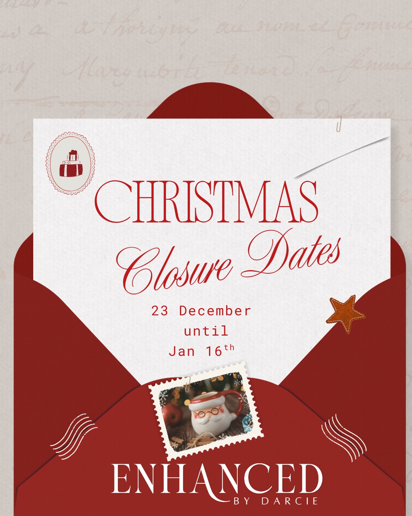 🎄 Festive Season Update 🎄
We’ll be taking some time to recharge! The clinic will be closed Dec 23rd–Jan 16th, with no appointments available between Christmas and New Year’s.
Be sure to book early to guarantee your spot before we wrap up the year ✨