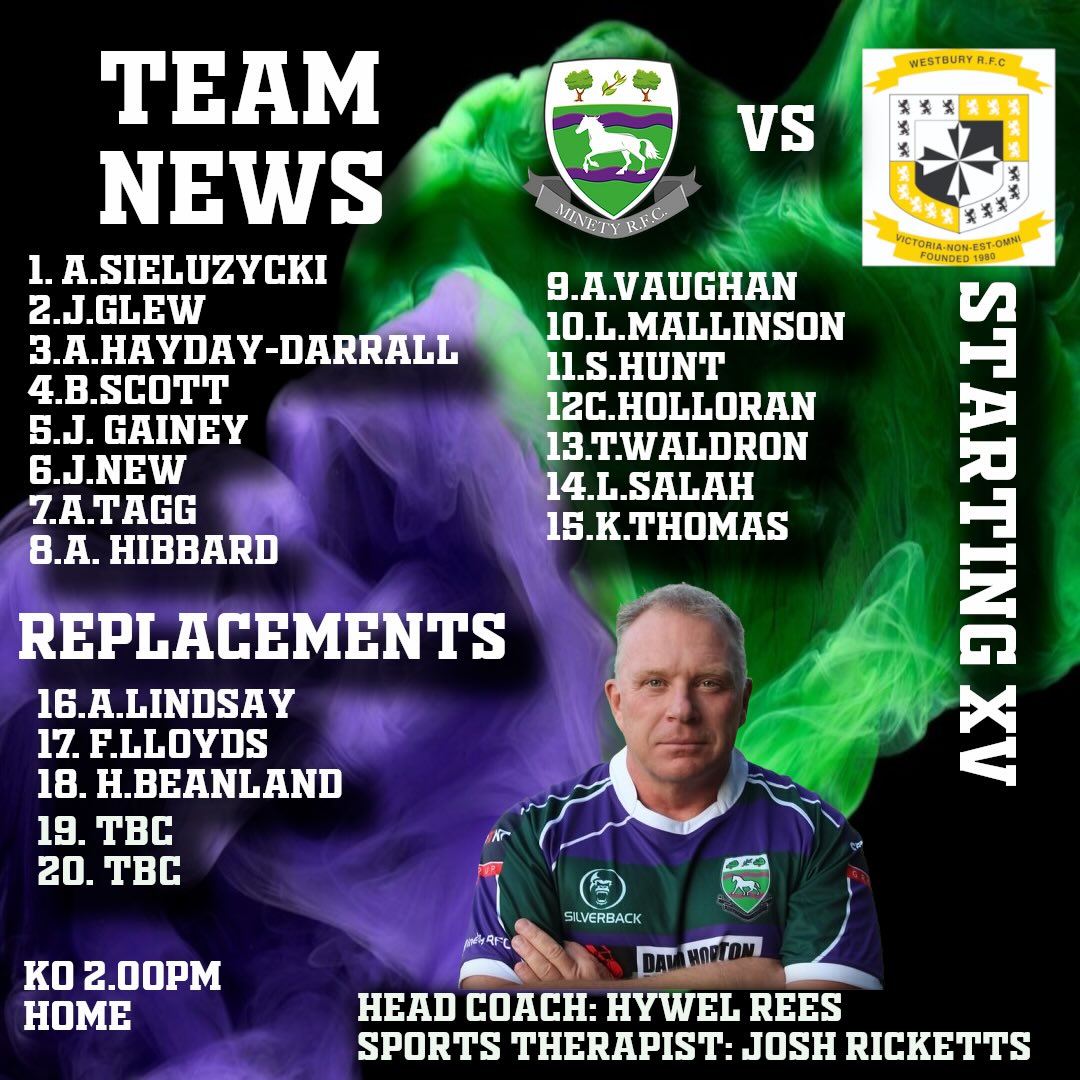 🔥 MATCHDAY SQUAD ANNOUNCEMENT 🔥
Here is your Minety team to take on Westbury this weekend!
It’s a big one — 1st vs 3rd, and the boys are ready for a massive battle on the pitch. 💪🏉
Huge shoutout to the Westbury admin for being an absolute sport this week and getting stuck into the banter. Always good fun — now let’s settle it the proper way on Saturday! 😉
Let’s pack the sidelines, get loud, and back the boys in purple and green! 💜💚
#MinetyRugby #Matchday #1v3 #BanterGameStrong
