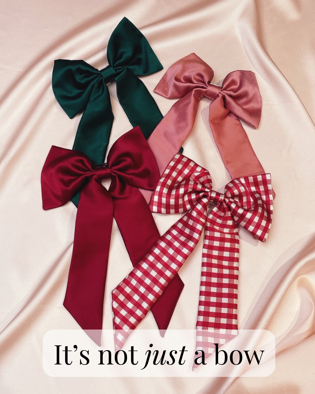 It’s not JUST a bow 🎀
It’s the answer to what to do with your hair for those festive drinks at the tap room.
It’s the quick styling solution to look put together; just sweep half your hair up, clip and go.
It’s that final finishing touch to your outfit before you see the Christmas lights at a National Trust garden
So if you are looking for one hair accessory this Christmas, make it a beautiful silk bow. Designed to last this Christmas and many, many more to come
Image description- 1. Four silk hair bows in deep red, mid pink, deep red and red and white gingham print on a pale pink silk background with text reading It’s not JUST a bow
2. Four silk hair bows in brown toned purple, deep teal, navy with white star and moon print and pale pink on a pale pink silk background with text reading It’s the answer to what to do with your hair for those festive drinks at the tap room
3, 4 and 5. Same as image one with text from the above caption added