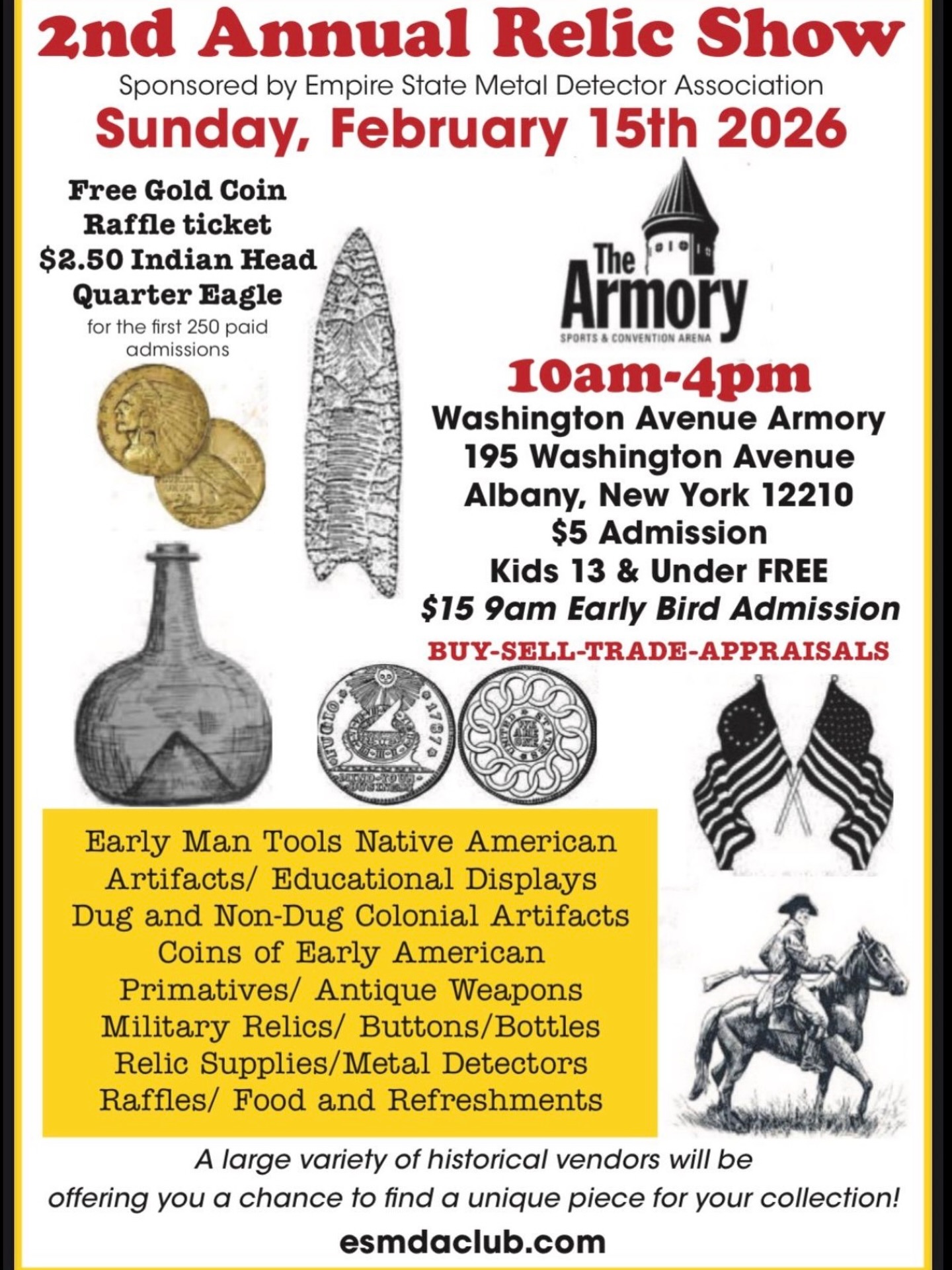 The 2nd Annual Relic Show is coming to the Washington Avenue Armory on Sunday, February 15, 2026 🗓️🏛️.
Explore historical artifacts, educational displays, colonial relics, early American coins, and more, perfect for collectors and history enthusiasts 🔍📜.