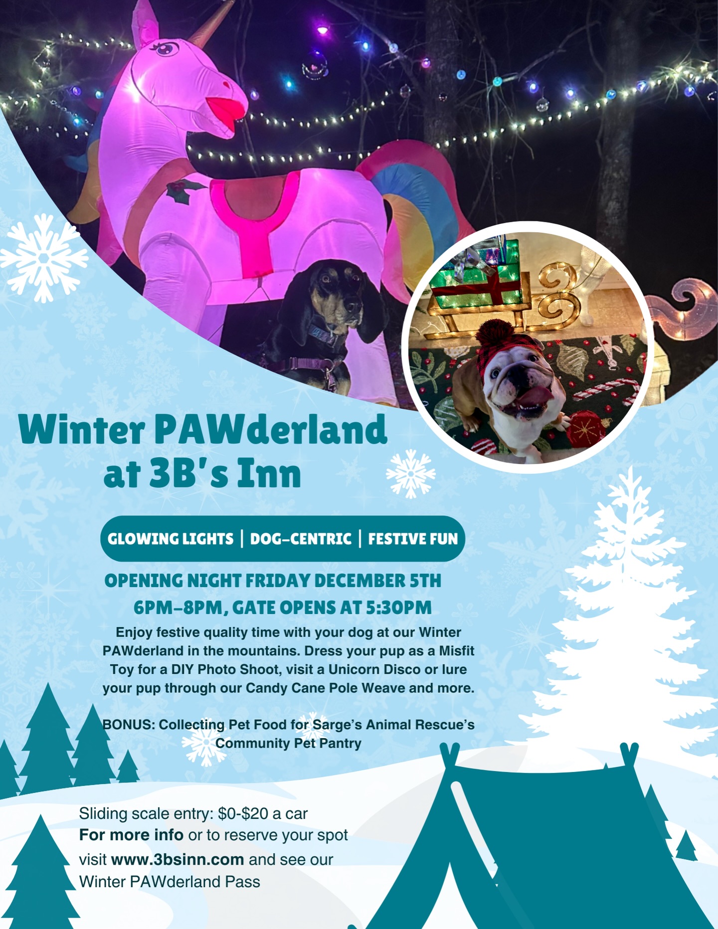 Looking for an excuse to pull out your dog’s holiday sweater or jammies?
Our Winter PAWderland starts Friday, December 5th. Reserve your spot now.
Our friends @floweringrockfarmnc will have pizza available AND we’re collecting pet food donations for @sargesanimalrescue ‘s Community Pet Food Pantry. More details on our website under Winter PAWderland Pass.
***if you have a reactive pup but still want to enjoy holiday festivities, please email us. We can make arrangements for one night when other guests aren’t here🫶
