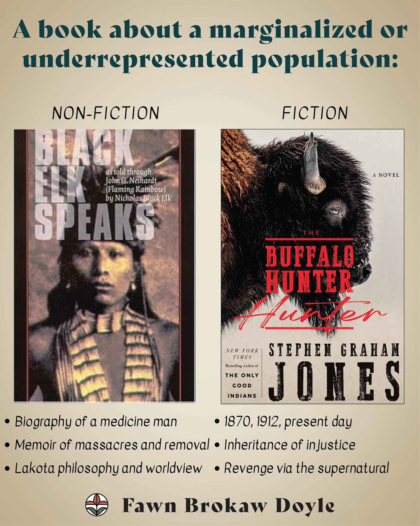 Day 15 of #historybookholidays recommendation✨A book about a marginalized or underrepresented population✨
The Buffalo Hunter Hunter by @stephengrahamjones is among the very best historical fiction I’ve read this year. It recounts horrific historic events but pairs it with fictional, supernatural horror in a brilliant way. The main story is dual POV between a pastor “Three Persons” and a Blackfeet man named Good Stab in 1912. The story is framed with a modern day realization of white guilt that manifests into an urgent, shocking inheritance. As the title suggests, there’s also a great revenge element against the buffalo hunters. I’m in awe of Jones’ storytelling and exceptional twist of historical fiction and horror🙌
Black Elk Speaks is a firsthand compilation of conversations that amateur ethnographer John G. Neihardt had with Oglala Lakota medicine man Nicholas Black Elk. It’s partly a memoir of Black Elk’s visions and spiritual understanding of the world, living through battles and forced relocation of the Lakota onto reservations, and his thoughts looking back on his life.
Reading Good Stabs’ account of his life reminded me a lot of Black Elk’s visions. I especially enjoyed The Buffalo Hunter Hunter for the authenticity of historical voices and Native American worldview.
Question: Have you read either of these? What’s your favorite fiction or non-fiction about Native Americans?
(Note: I’ve recently read criticisms that Neihardt’s poeticized rendition of Black Elk’s words distort his story. There’s also an annotated transcription of Black Elk’s testimony in the book The Sixth Grandfather, which is a more scholarly resource.)