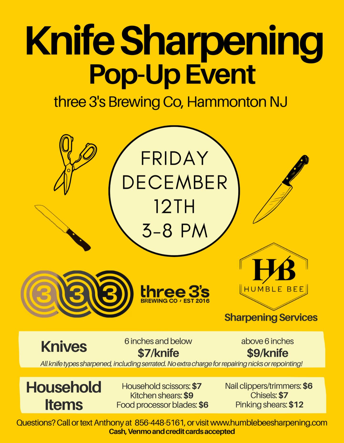 Come out next Friday to @three3sbrewing for a sharpening event that they are hosting! We will be parked outside the brewery from 3-8. You just drop your knives off before going into the brewery and pick them up when you head out.