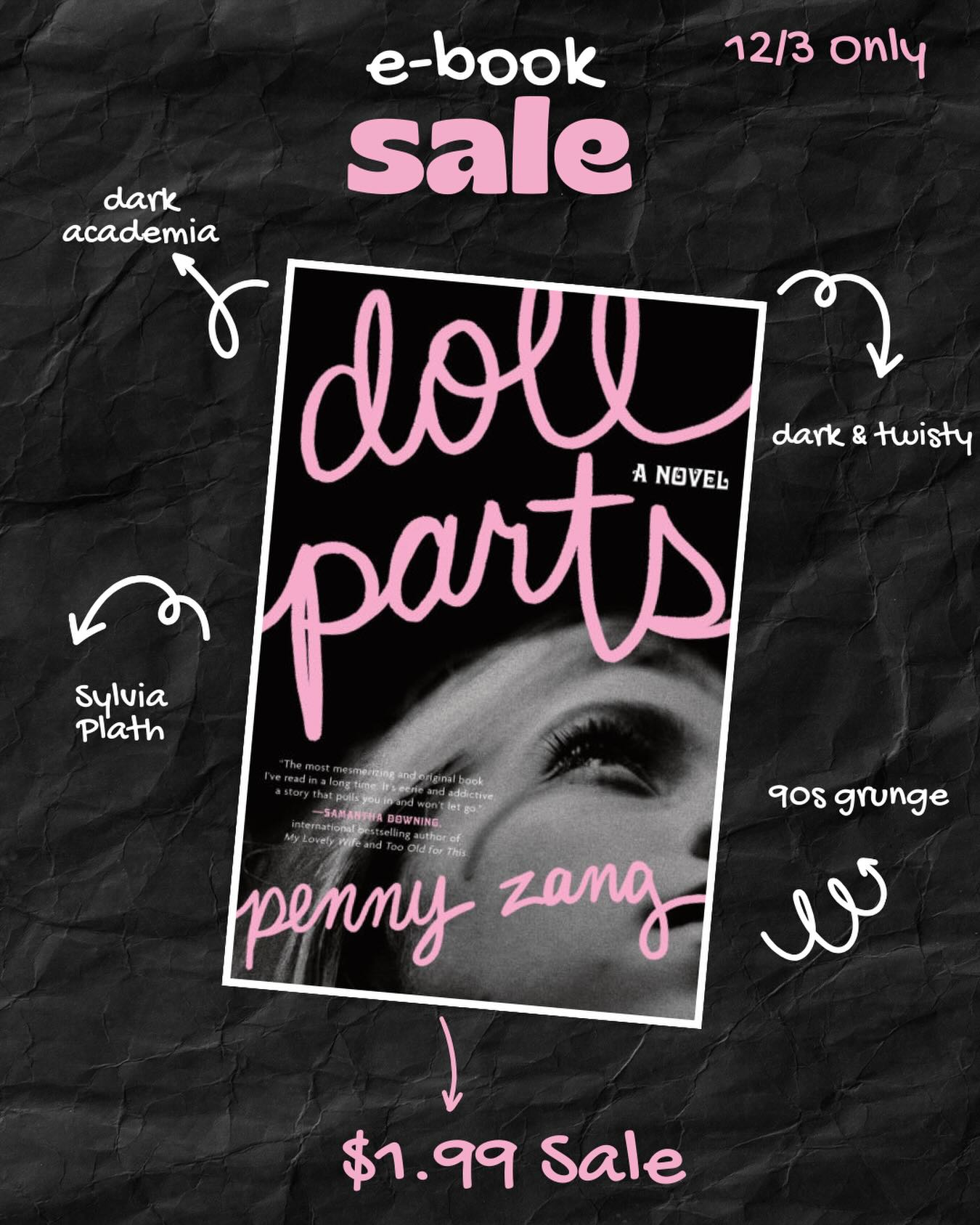 E-book sale! If you like twisty dark academia, Sylvia Plath, 90s grunge, and stories about friendship, now is your time to read Doll Parts.
Today (12/3), grab yourself the e-book version of Doll Parts. Check Apple Books, Amazon, and Kobo (or wherever you buy e-books).
#dollparts #ebook #writingcommunity #bookstagram #sourcebookslandmark