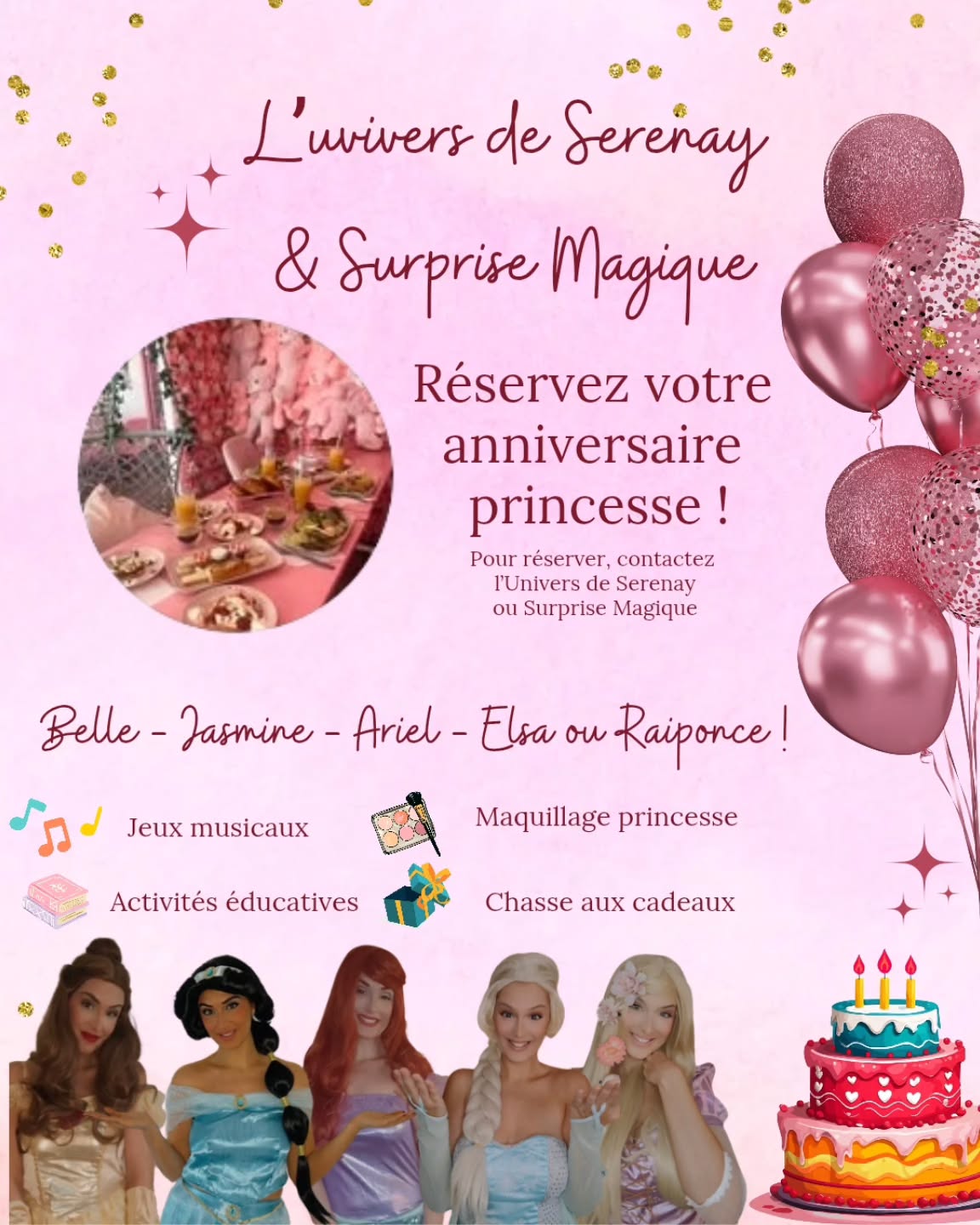 ✨ L’Univers de Serenay et Surprise Magique ✨
sont ravis de vous annoncer leur collaboration !
Désormais, vous pouvez réserver votre anniversaire princesse directement au sein du restaurant L’Univers de Serenay situé à Ormesson, et les princesses de Surprise Magique viendront célébrer ce moment féérique avec vous 👑✨
👸 Les princesses disponibles :
Belle ✨ Jasmine ✨ Ariel ✨ Elsa ✨ Raiponce ✨
🎉 Au programme selon la formule choisie :
• Jeux musicaux
• Maquillage princesse
• Activité créative & éducative
• Chasse aux cadeaux magique 🎁✨
📞 Pour réserver :
Contactez L’Univers de Serenay ou Surprise Magique.
Un anniversaire royal, plein de magie et de sourires ✨💖
#anniversaireprincesse #princessparty #animationprincesse #momentmagique #princessvibes #princesslife #feteenfant #ideefeteenfant #evenementenfant #reinedesneiges #ariel #belle #jasmine #raiponce #elsa #surprisemagique #universdeserenay #animationenfant #animatriceenfant #anniversaireenfant #fetemagique #princessanimation #animationanniversaire #ormesson #ormessonsurmarne #valdemarne #iledefrance #sortiesenfant #bonsplansparis #parisenfamille