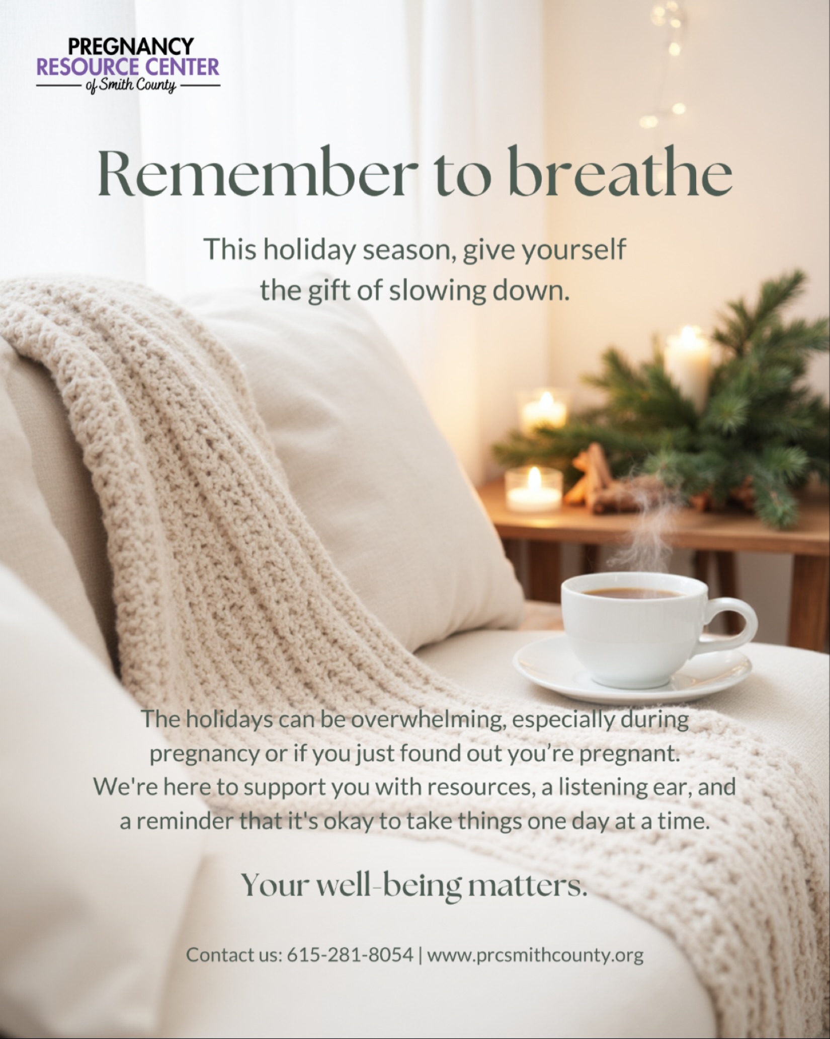 The holidays can feel overwhelming, especially during pregnancy or when you’re navigating big questions or decisions. Take a deep breath. 🤍
You don’t have to do this alone. We’re here to listen, support, and walk with you one step at a time.
Have questions or want to schedule an appointment? Reach out to us at 615-281-8054
Or connect with our 24/7 nurse chat through our website prcsmithcounty.org or by texting 629-500-8260.
Your well-being matters — today and every day.