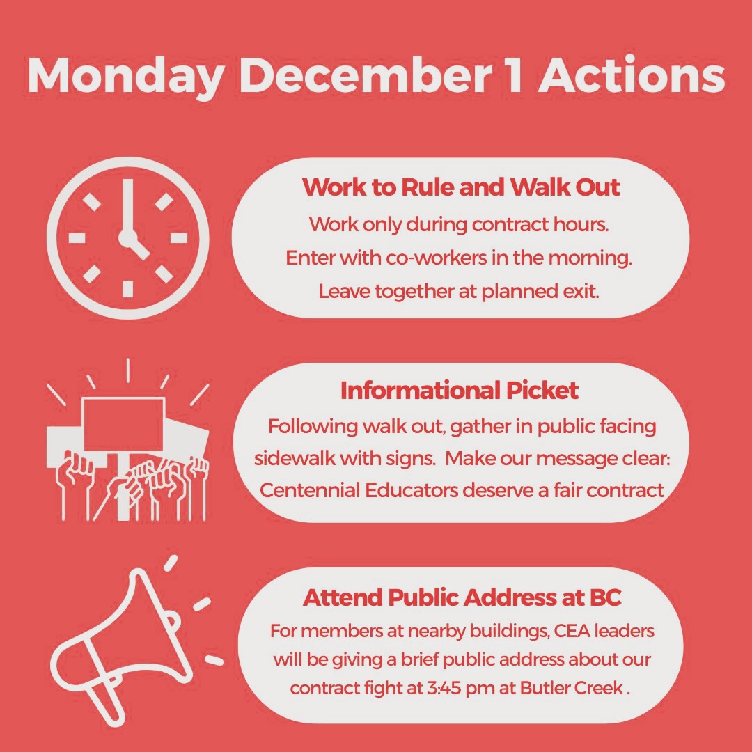 Our fight for a fair contract continues!
Members and supporters, it's time to join in solidarity Monday December 1 for our next action.
Wear a red shirt, leave as a united staff at the end of contract hours, and hold signs to show our community that we will continue to push to get an agreement that supports our community and students.
If you are able, we invited you to attend a brief public address from CEA leaders at Butler Creek Elementary at 3:45 pm.