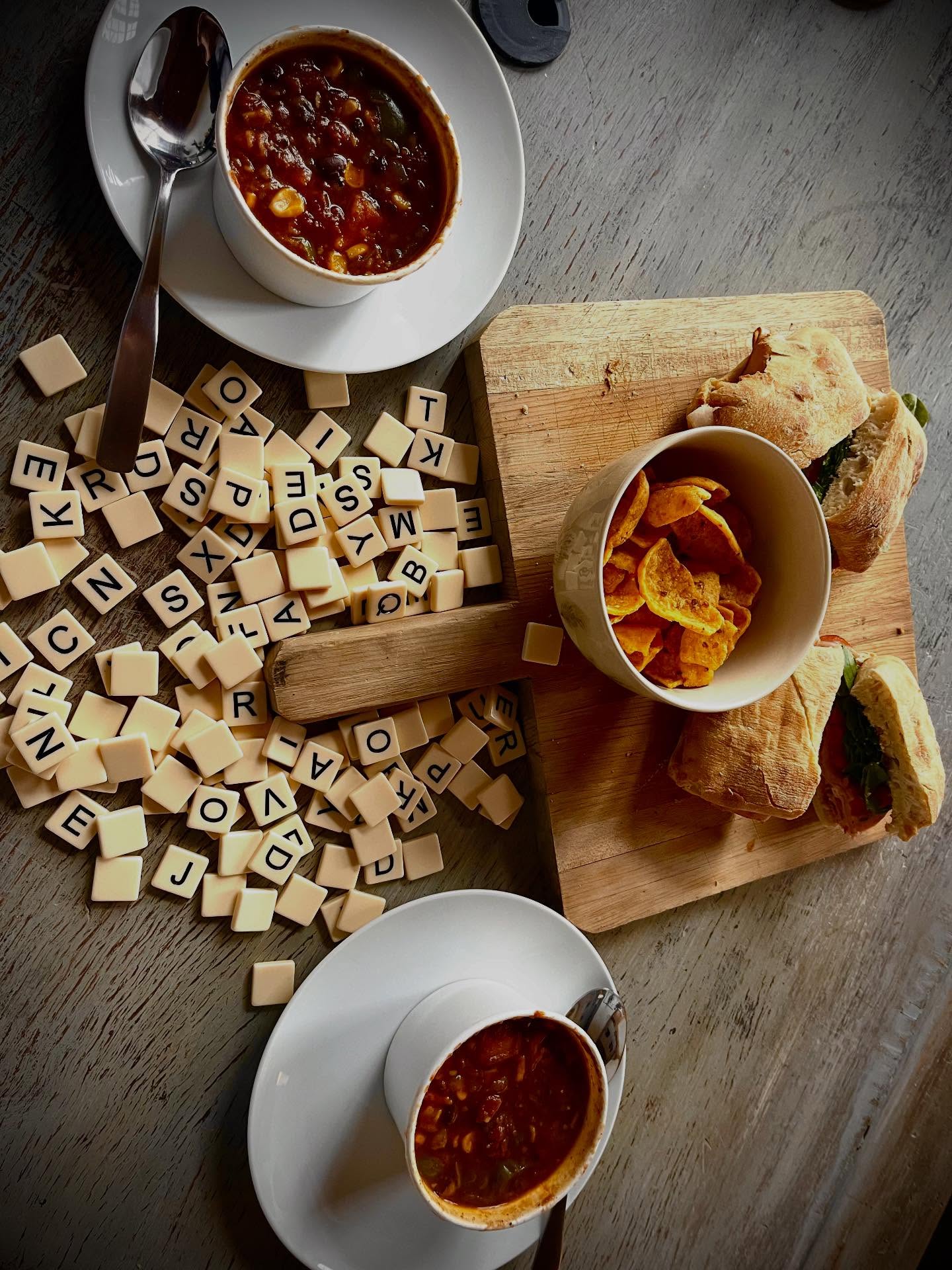 A gray day in Greenville calls for food truck chili, homemade sandwiches and a few rounds of Bananagrams. #bananagrams #holidays #yeahthatgreenvillesc
