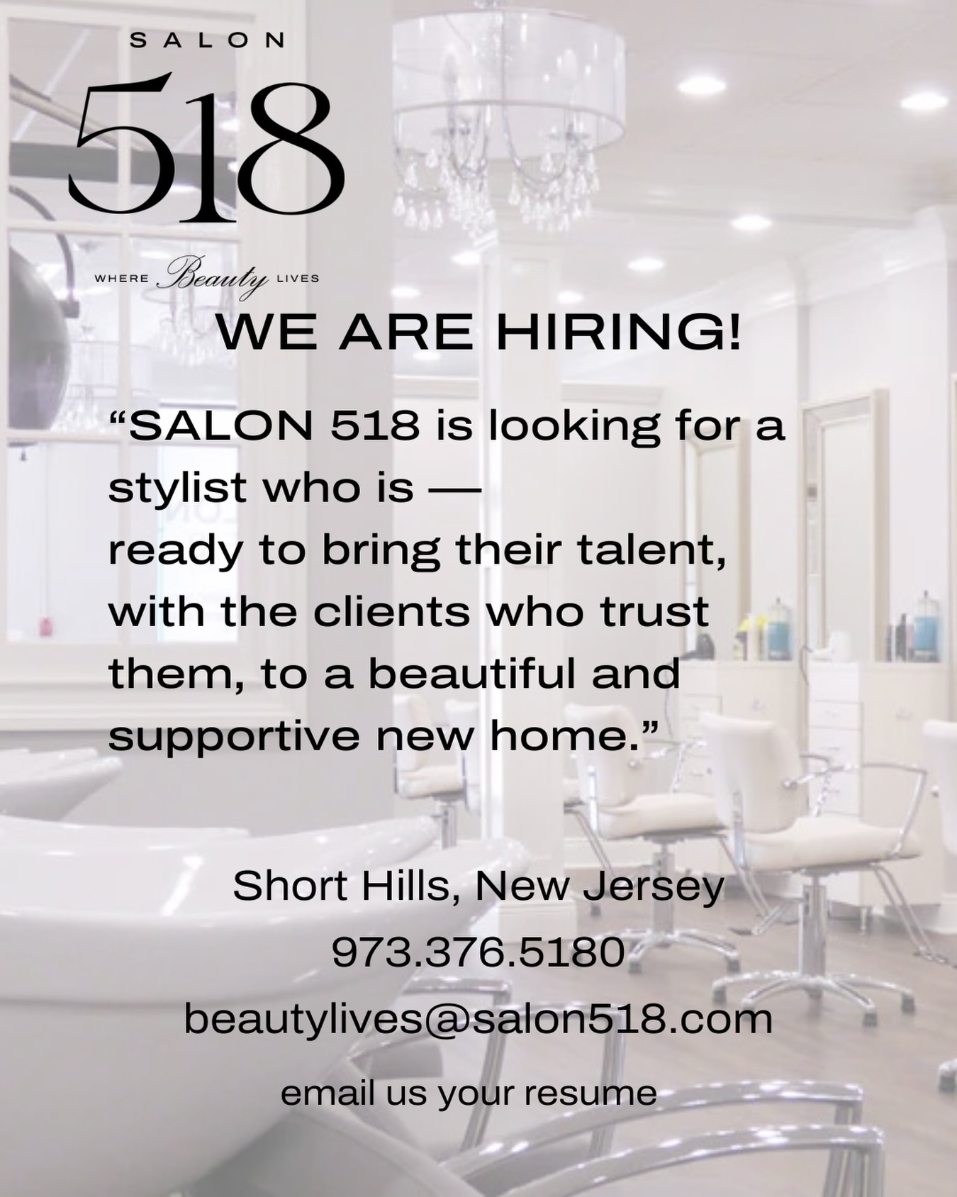 🌟 Passionate about your craft and love building relationships with clients? If you’ve got a loyal client base and are on the hunt for a supportive and beautiful salon to call home, this could be your chance. 💇♀️✨We are located in Short Hills, NJ. Bonus: FREE parking lot. Email your resume to: beautylives@salon518.com #shorthillssalon #millburnsalon #millburnshorthills #hiringstylistnj