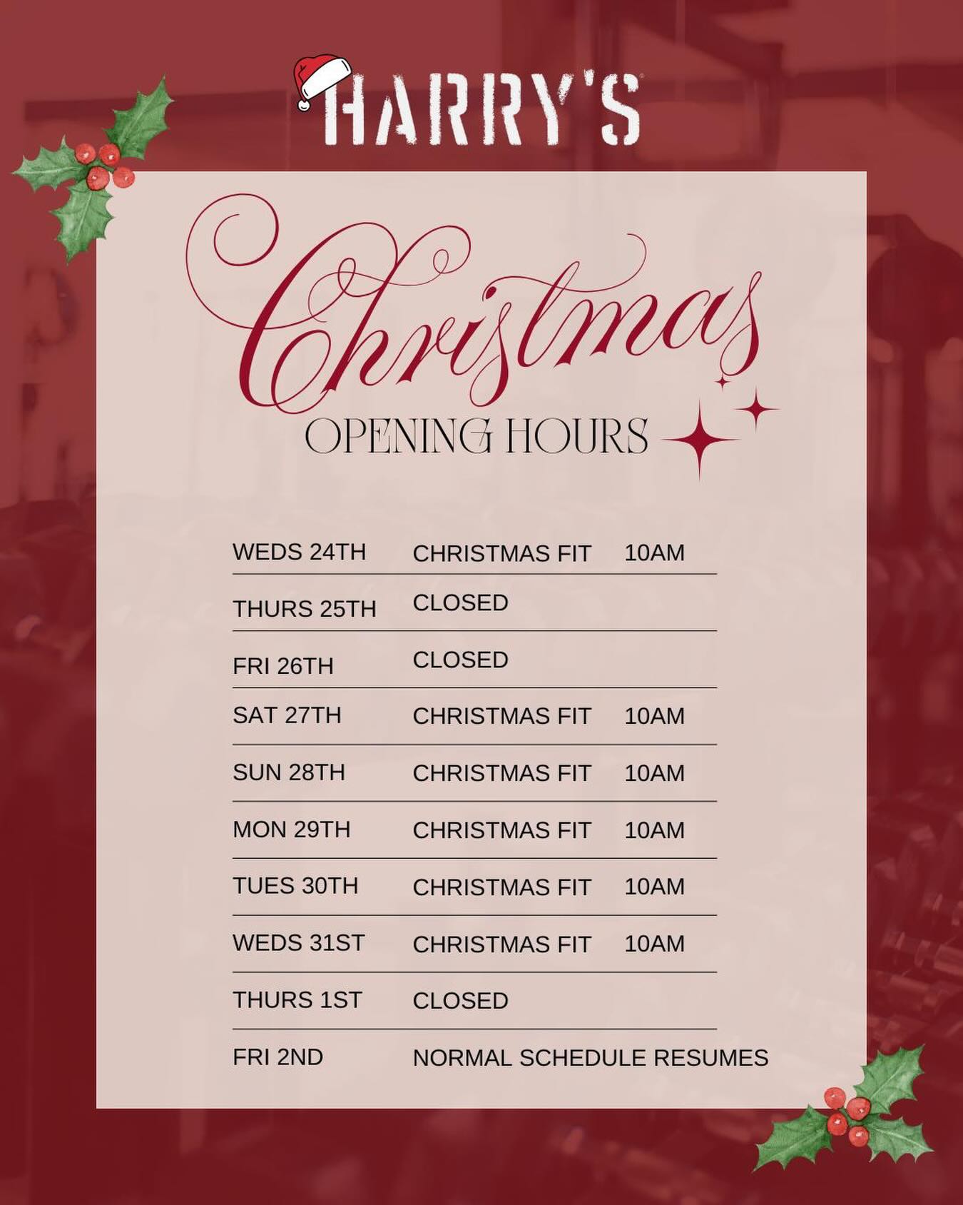 It's official, Christmas hours are here! Bookings now live on the app!
#harrys #christmas #timetable #berkhamsted #berkhamstedlife