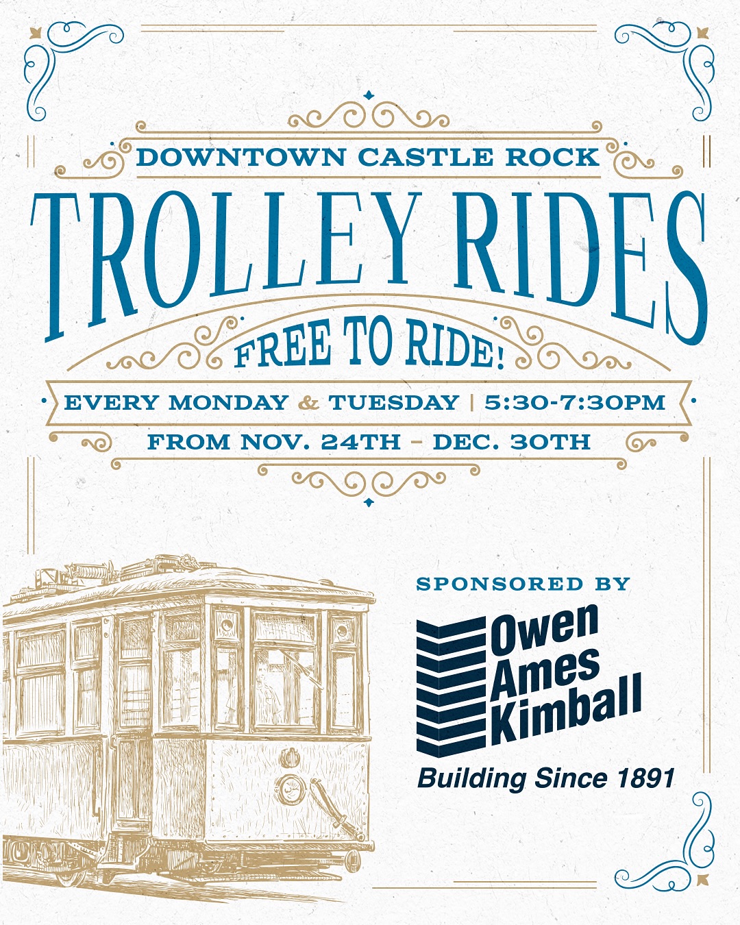 Starting today! 🚎 Join us in Downtown Castle Rock during the holiday season for FREE TROLLEY RIDES, every Monday and Tuesday evening, 5:30-7:30p from 11/24 to 12/30.
Grab the kids, grab the grandparents, grab a friend and enjoy a free trolley ride on the Castle Rock Trolley.
The trolley makes a loop at 3 stops (look for the A-frame signs!):
✨ Encore Parking Garage, South Street Entrance
🌟 Third Street, between Wilcox and Perry, at the crosswalk
💫DCSD Parking Lot, on 6th Street
Enjoy this free, leisurely way to enjoy the lights in Downtown Castle Rock, thanks to our friends at Owen Ames Kimball 🫶
#downtowncastlerock #seasonofthestar #crco #castlerockcolorado