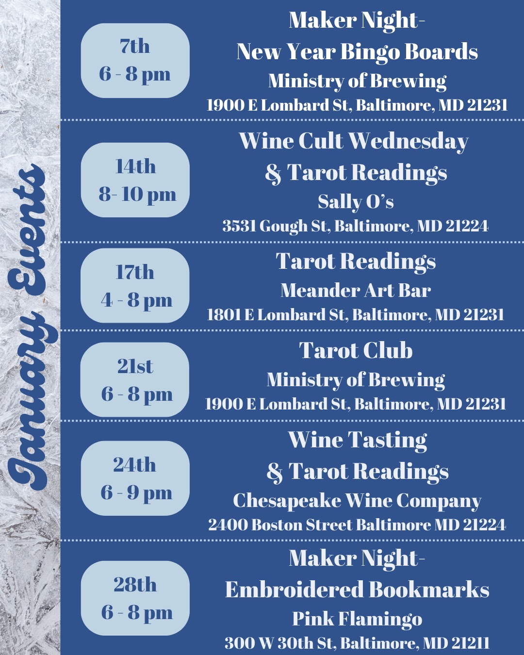 So excited to announce our January event line up! In the new year we are excited to be offering events at some new locations as well as private events!
1/7 6-8pm @ministryofbrewing join us for our New Year’s edition of Maker Night, where we’ll be making New Years Bingo Boards! Bring your goals big/small/silly/fun and your creativity and craft a board to mark off through the year!
1/14 8-10 pm @sallyosmd - Join us for #winecultwednesday where bottles of wine are 50% off and you get a free tarot reading with purchase of a bottle!
1/17 4-8 pm @meanderartbar - Get a New Year reading at Meander! Walk in or book ahead on my website to skip the line!
1/21 6-8 pm @ministryofbrewing - Join us for the first Tarot Club of 2026! If you’ve ever been curious about tarot Tarot Club is a fun supportive pressure free place to start! Decks available to borrow, all levels welcome!
1/24 6-9 pm @chesapeakewineco - Join us for a magical night of wine & tarot! Get reading for the New Year and enjoy their lovely wine selection (or NA options for those participating in Dry January)! Walk in or book your reading ahead to skip the wait!
1/28 6-8 pm @pinkflamingobaltimore - Join us for one of our coziest Maker Nights - embroidered bookmarks! All materials & guidance will be provided to stitch your own bookmark and you can order food/drinks for while you craft!
#baltimoreevents #baltimoretarotreader
