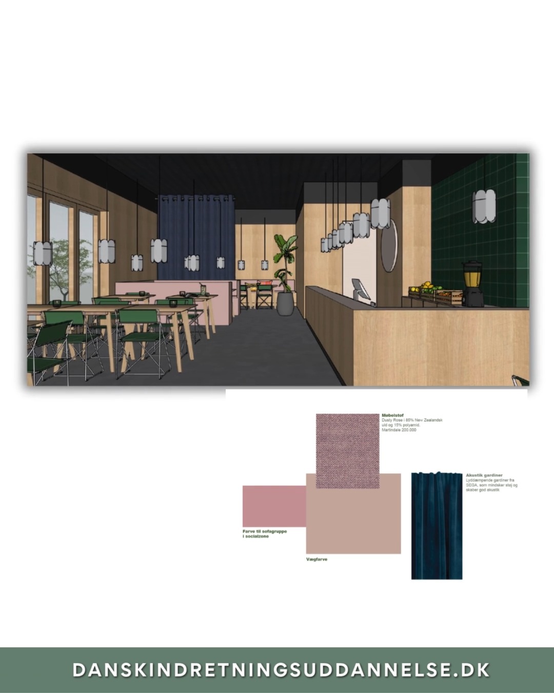 🍊 Trines smukke bud på en juicebar 🍊
Når man arbejder med kommercielle indretninger som denne, er der mange lag at tænke ind.
I Trines projekt ses tydeligt, hvordan hun bl.a har forholdt sig til:
✨ Slidstyrker – materialer, der holder til daglig trafik
✨ Akustik – et behageligt lydmiljø, selv når cafeen er fyldt
✨ Fleksible bordopstillinger – så rummet kan tilpasses behov
✨ Dekoration & stemning
✨ Zoner til forskellige behov
✨ En bar med optimalt udsyn – både funktionelt og trygt for medarbejderne
… og meget mere.
Det er netop denne faglighed, der gør forskellen i professionelle indretningsprojekter.
🌿 Rigtig flot arbejde, Trine!