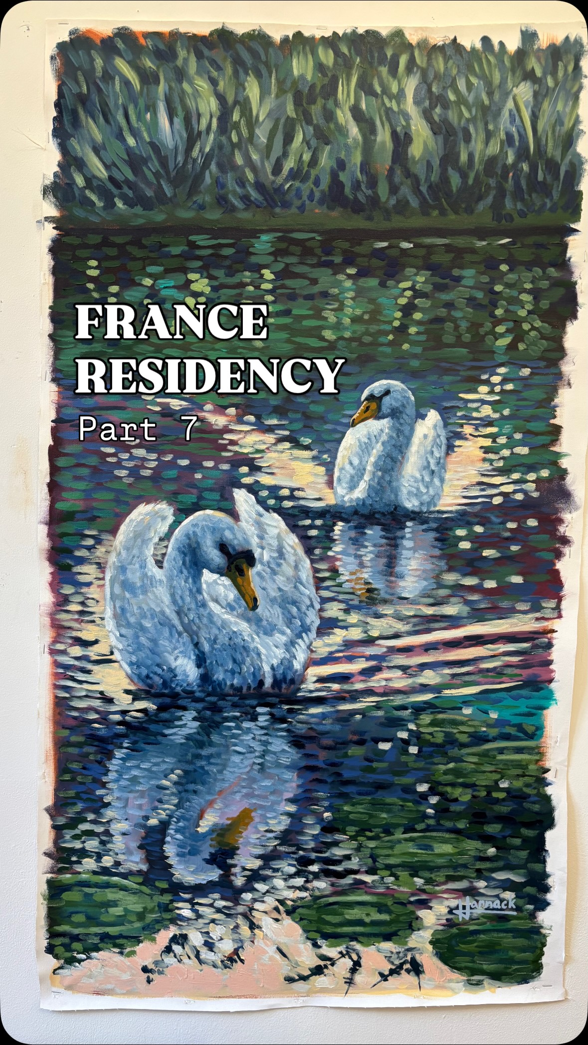 During my time at the @chateau_orquevaux I fell in love with these two swans. They were very curious and swam over to anyone who walked down to the water. They had a very calming yet commanding presence to the place and as a bird lover I had to capture them, trying my hand in an impressionistic painting.
•
I front typically paint this way but the process was a lot of fun, I can see why the style because so popular there is just such a lively energy baked into this artistic approach. And a big thank you to @afa.1991 and @yegarts for making this opportunity possible. 🙏🏻. #Impressionism #swans #swanpainting #artresidency #art #canadianartist #chateaudorquevaux #france #cdg