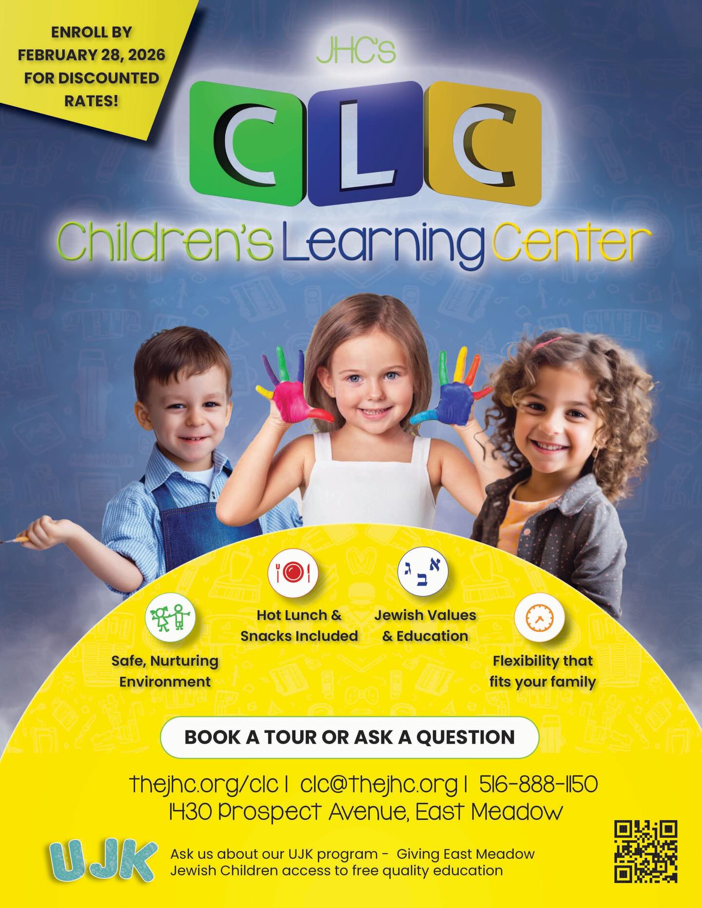 Ready to find a preschool that feels like family? 🌟
CLC Preschool is now offering an Early Registration Discount!
📚 Why Parents Choose CLC 📚
🏡 Safe, Nurturing Environment
📖 Jewish Values & Education
🕰️ Flexibility that Fits Your Family
Have questions? Learn more to discover all the benefits of CLC Preschool and lock in your early registration savings! We look forward to speaking with you!