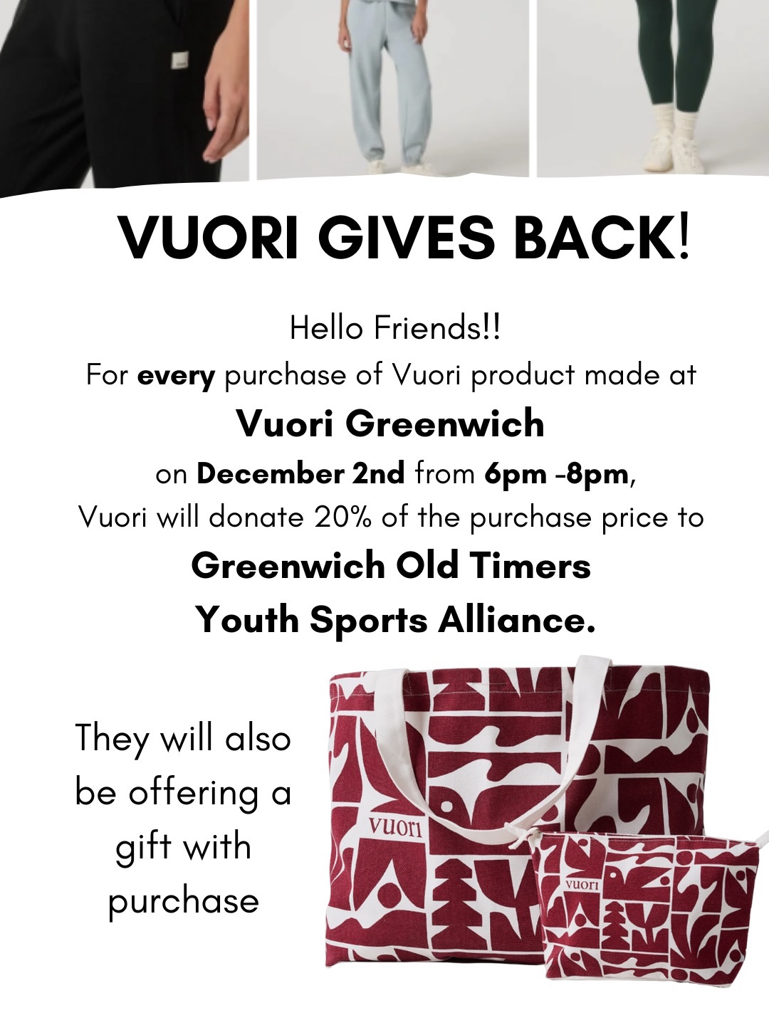 Today calls for cozy clothes and I've got the perfect solution!
✨ Vuori Gives Back! ✨
Tonight December 2nd from 6-8 PM at Vuori Greenwich for a night of shopping with purpose. For every purchase made, Vuori will donate 20% of the proceeds to the @greenwicholdtimers Youth Sports Alliance helping Greenwich kids access the sports programs they love. 🏀⚽️🏈 🎾🏐🏑🏒🥍
Plus, enjoy a special gift with purchase while supplies last! 🎁
Let’s shop, give, and make a meaningful impact together.
#VuoriGreenwich #GiveBack #shopforacause