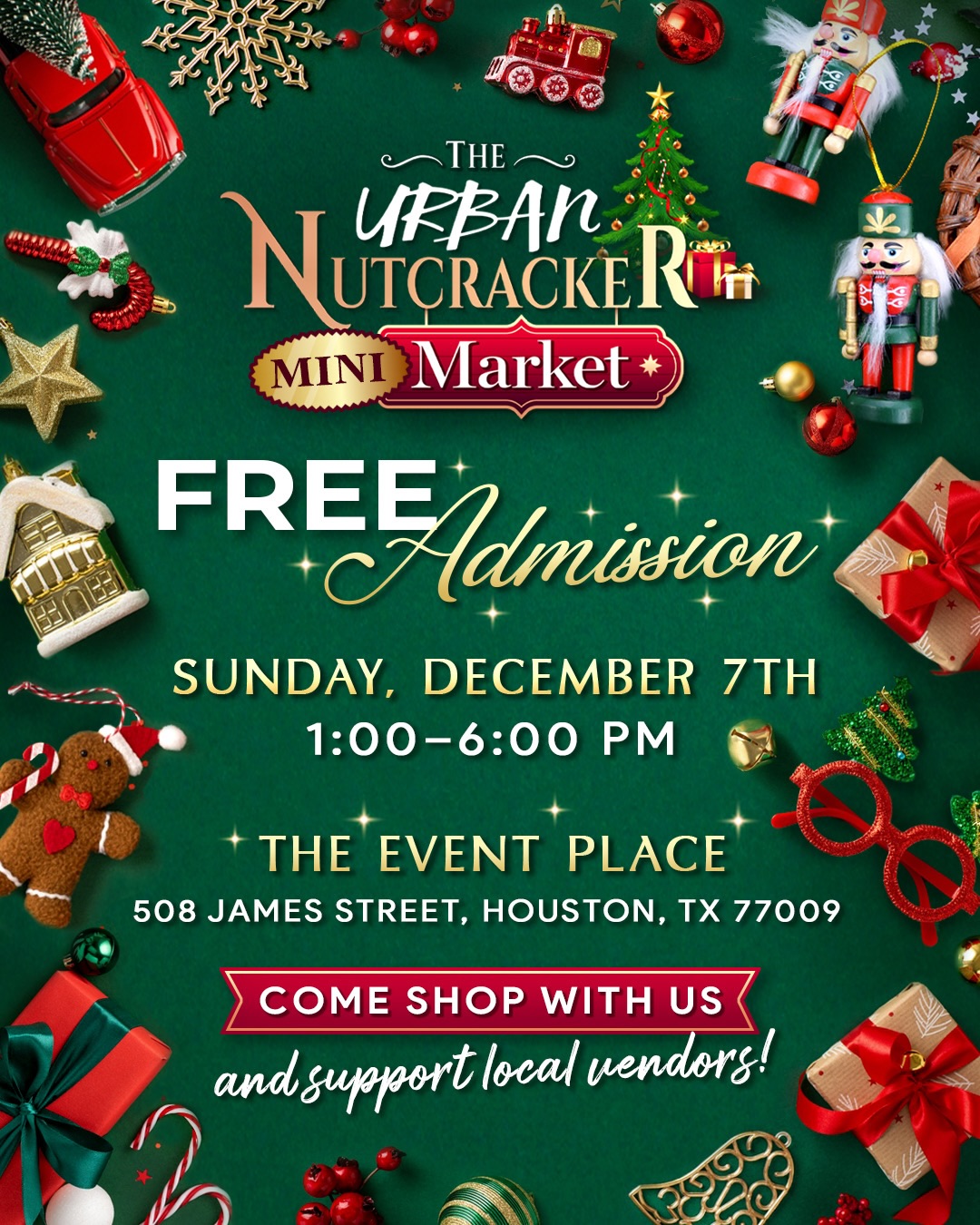 🎄✨ Join us THIS Saturday, December 7th from 1PM–6PM for The Urban Nutcracker Market at The Events Place (@theeventplacehouston)
📍 508 James Street, Houston, TX 77009
Shop local, support small businesses, and enjoy a special preview performance from our Houston Urban Nutcracker cast! 💃🏽🕺🏽
Featuring vendors + creators you’ll love:
@eye_nspire_wellness
@ericb.eatery
@browngirlsdoballet
@MiLadiiPlus
@bigartsrollingkitchen
Baubles by ReDpants
@poparazzipopcorn
@Dzyrbles_allnatural
@iammelaninonme
@betchabitebackhotsauce
@agodinspiredboutique
@cocoanmo
@XLDanceStudio
@thekrownkollectionshop
@dancingkeishachancetodance
@comadeit
@Salone_adorn
Come shop, vibe, and celebrate the season with us! 🎁✨
#HoustonUrbanNutcracker
#HUNMarket
#fyp
#Holidayevents
#HTXholidayevents
#HTXchristmas
#ballet
#dance