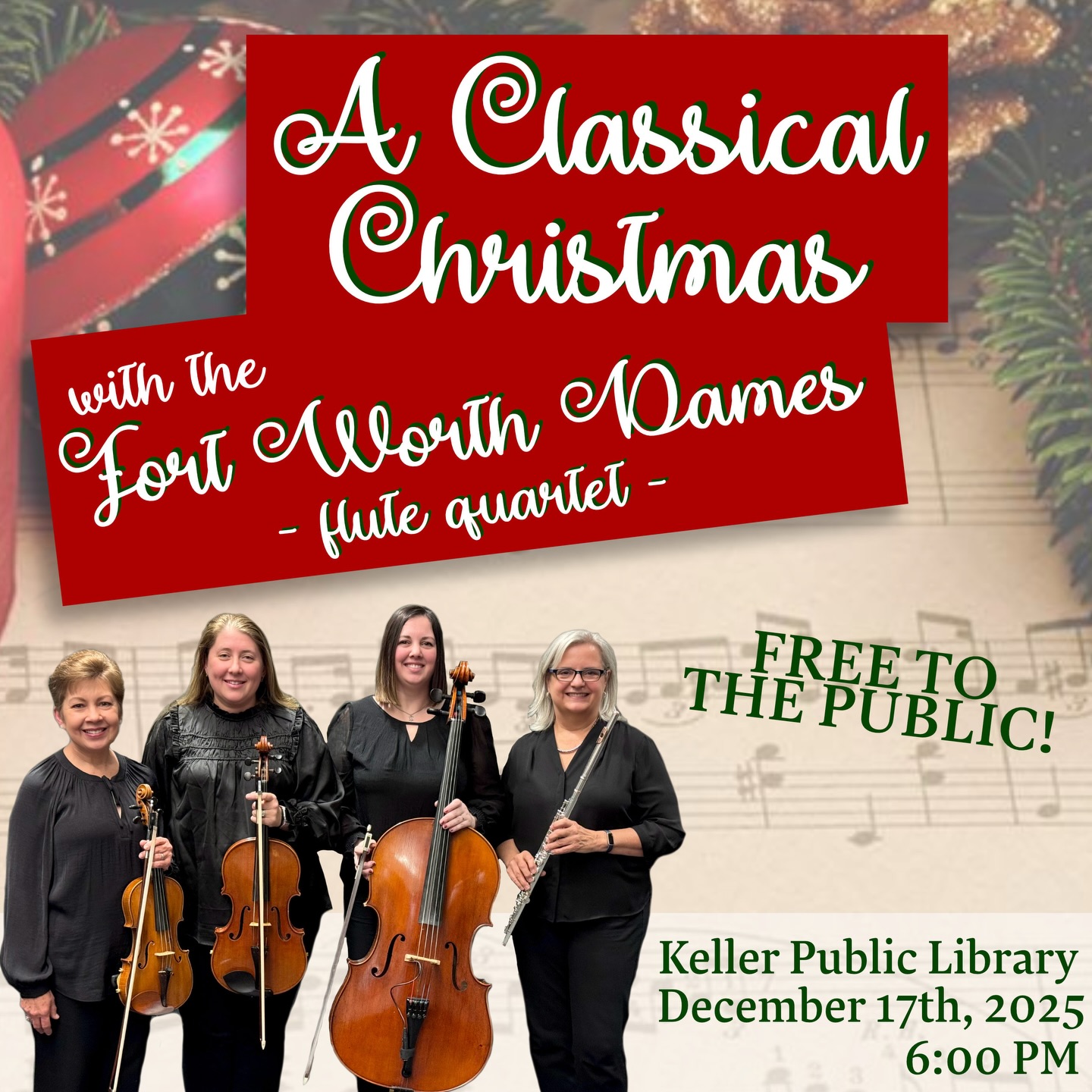 Come enjoy a very classical Christmas program at the Keller Public Library this coming Wednesday, free to the public! #hearfortworth #kellertx #classicalmusic #flutequartet #christmasmusic #fortworthtx #dfwmusic