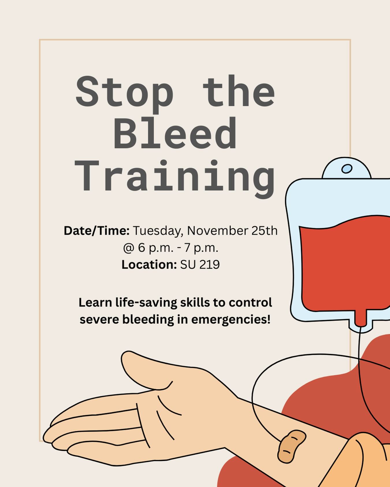 Join us tomorrow on Tuesday, Nov 25th from 6-7PM for a hands-on Stop the Bleed training! It is a program designed to teach you essential, life-saving skills to control severe bleeding in emergency situations🩸
*Walk-in spots are limited, if you did not sign up before, you are not guaranteed a slot in this training
Location: SU 219
Let’s learn to save lives together❤️🩹
