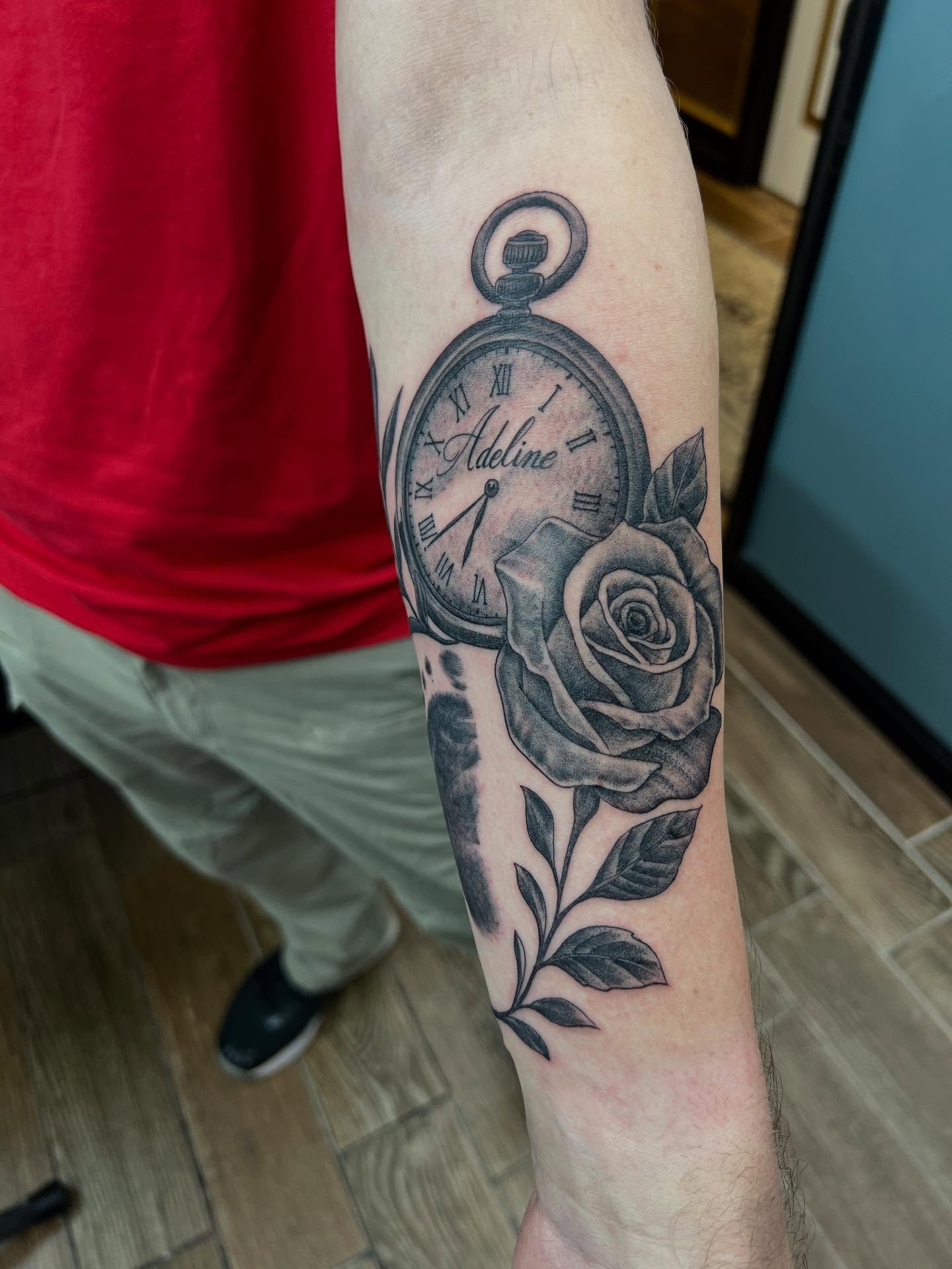 Tattoo from today… clients first tattoo, and a great way to start the week… #tattoo #tattoos #blackandgreytattoos #rosetattoos