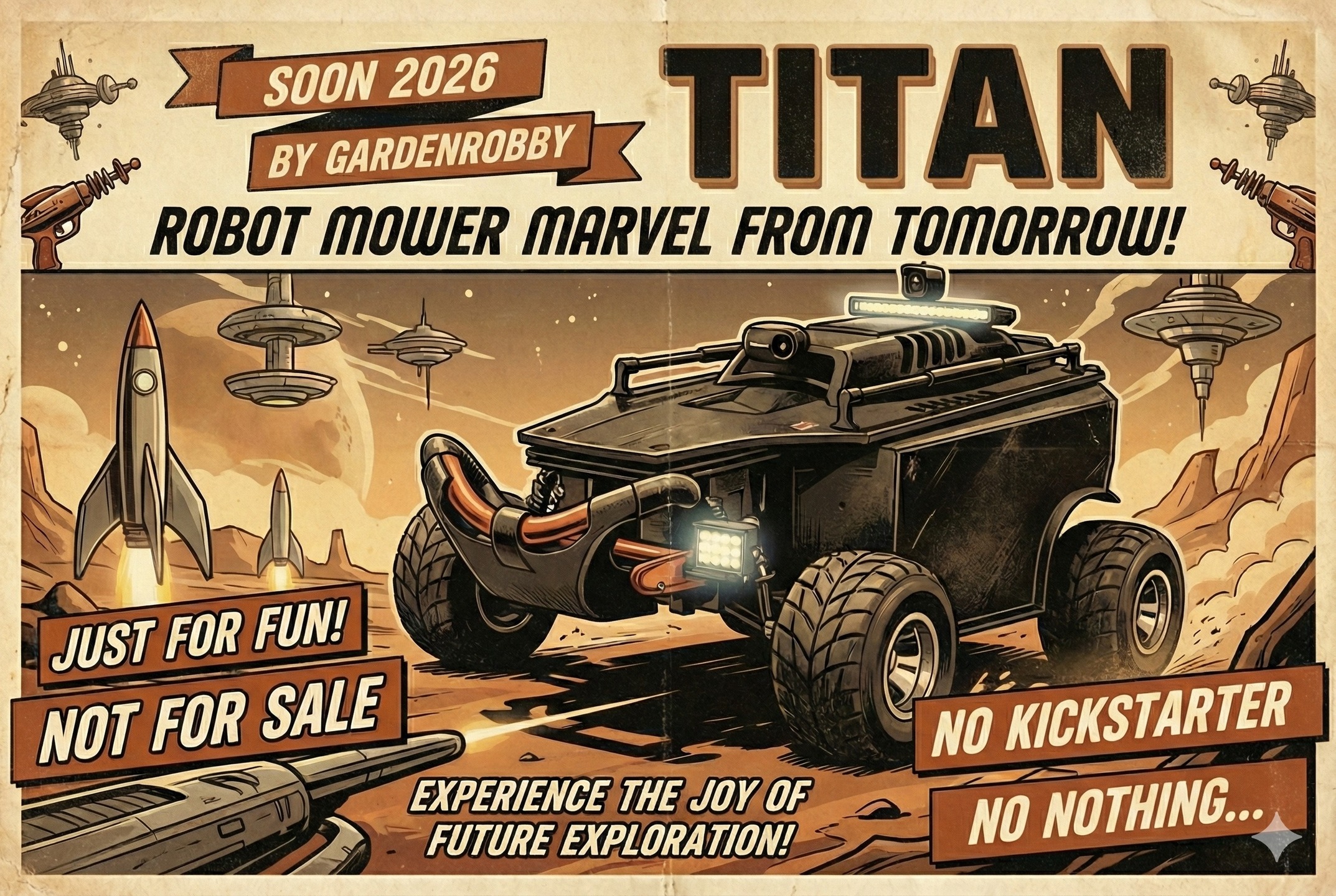 đ BEHOLD! THE FUTURE OF MOWING IS HERE... ALMOST. Introducing the TITAN by Gardenrobby. A Robot Mower Marvel from Tomorrow! đ¤đż. Set your clocks for 2026.
â ď¸ IMPORTANT NOTICE:
đŤ This is not a startup. đŤ There is no pre-order button. đŤ No Kickstarter. đŤ TITAN WILL NOT be for sale. đŤ No, nothing.đŤ We are not selling it. đŤ There is no crowdfunding campaign. â
It is built strictly for the joy of creating. â
Just pure engineering Robot Mower Fun.
Join us on the build journey as we bring this beast to life in 2026! Made in the US đđđ
#Gardenrobby #TITAN #RobotMower #RetroFuturism #ComingSoon #2026 #DIYRobotics #MakerCommunity #JustForFun #Engineering #Robot #Robotmower