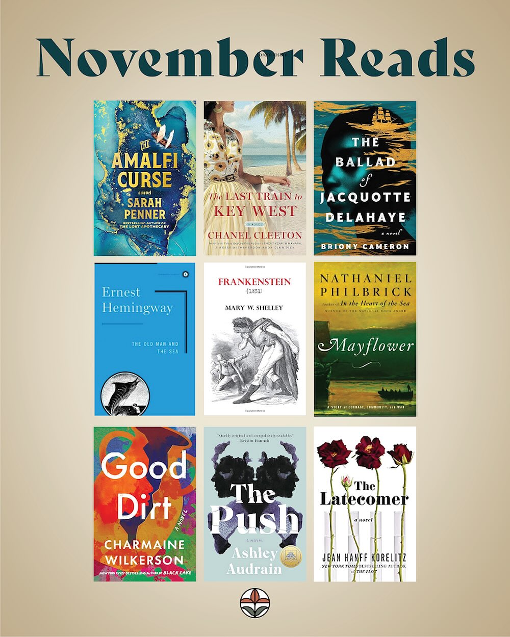 Better late than never… November reading wrap up.
Top row: I was on a bit of an oceanic/pirate kick early in the month. I enjoyed each of these.
Middle row: Reread some classics and one nonfiction this month (timely for Thanksgiving).
Bottom row: Contemporary fiction with difficult family situations in common. The Latecomer was the standout for me. Unlikeable characters but the plot really drew me in.
Have you read any of these?