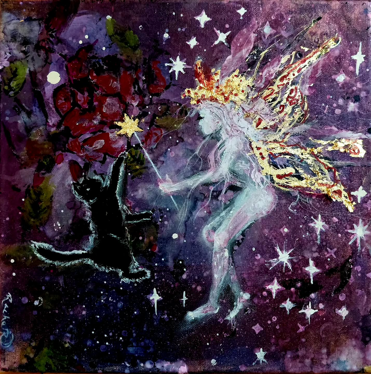 Thanks to everyone who's been asking for more feline art...because let's be real, cats make everything better. Throw a kitty into any scene and it's instantly more magical. The fairy and rose were dull until she adopted the mysterious black kitty, Eve. "Garden Familiars" is a mix of alcohol ink, acrylic, mica, and gold leaf on a 12x12 canvas. $85 until Friday.
#fairycore #catsofinstagram #roses #fantasyart #gold #creativegifts #blackcats #artoftheday