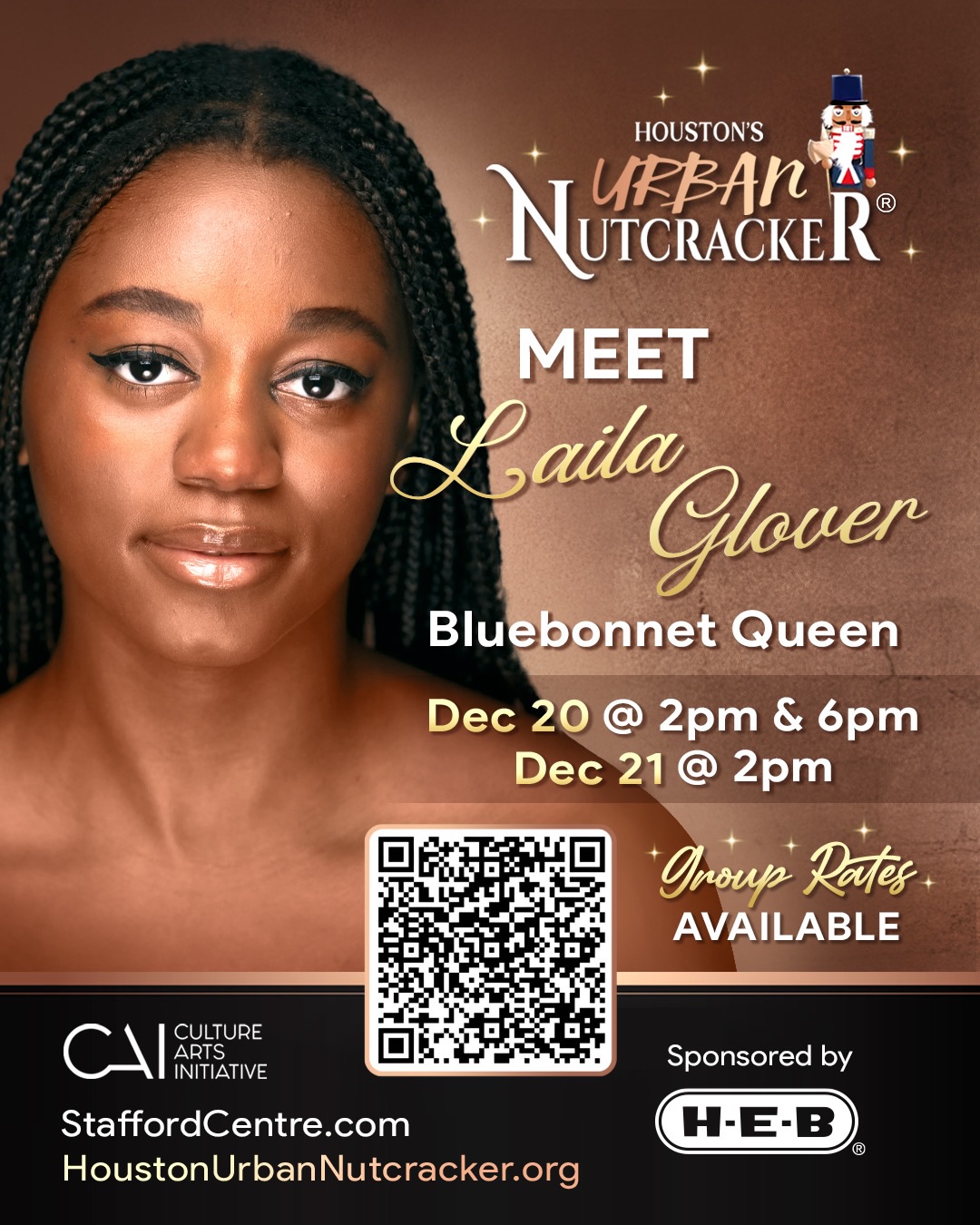 Meet Laila Glover!
Character: Bluebonnet Queen
Laila Glover hails from Houston, Texas and completed her BA in Dance from Brenau University with a minor in Psychology. Laila’s early training was rooted in classical ballet at the Fort Bend Academy of Dance. At Brenau, Laila’s performance experience has lend her to have opportunities to dance for guest artists Julio Medina, Owen Scarlett, Xavier Lewis, Jennifer Archibald, Jesse Zarritt, Kaitlyn Arena, Du’Bois A’Keen, Tiffanie Carson, Staycee Pearl, Larry Keigwin, and Madia Cooper-Ashirifi. Her studies also include jazz, contemporary, neoclassical ballet, contemporary ballet, modern, and West African at Brenau. Laila’s love of dance began with classical ballet and has grown immensely as she has and has formed into a true love and appreciation for the arts which has motivated her to dive into the career as a performing artist. Laila heavily trained at the Fort Bend Academy of Dance and later joined the company, Ballet Forte within the school. After graduation, Laila continued her studies as a dance major with a minor in psychology at Brenau University in Gainesville, Georgia. Laila has also performed at events such as the Alabama Dance Festival, the American College Dance Association, The Big Muddy Dance Festival and other community performances in the Gainesville/Hall County Area. On top of this, Laila has participated in multiple summer programs such as the Houston Ballet Summer Intensive, University of Oklahoma Summer Intensive, Alonzo King LINES Summer Intensive and Florida State University’s Department of Dance in Paris Study Abroad Program. Laila continues to showcase her passion for dance performance and choreography with all.
JUST 5 MORE DAYS TIL SHOWTIME! Get your tickets now at HoustonUrbanNutcracker.org.