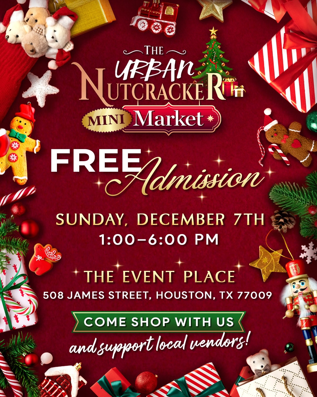 Just FIVE more days! 🎄🛍️
Our Urban Nutcracker Mini-Market is almost here! Come support these small businesses and more.
Don’t miss your chance to:
✨ Discover new + emerging local businesses
✨ Catch up on your Christmas shopping
✨ Support 20 amazing small business vendors
✨ Enjoy a sneak-peek performance from the Houston’s Urban Nutcracker cast
Join us at The Events Place
📍 508 James Street, Houston, TX 77009
📅 Sunday, December 7th
⏰ 1:00–6:00 PM
💸 FREE Admission
Bring your shopping buddies and come enjoy a festive, family-friendly afternoon! We can’t wait to see you there! ❤️💚