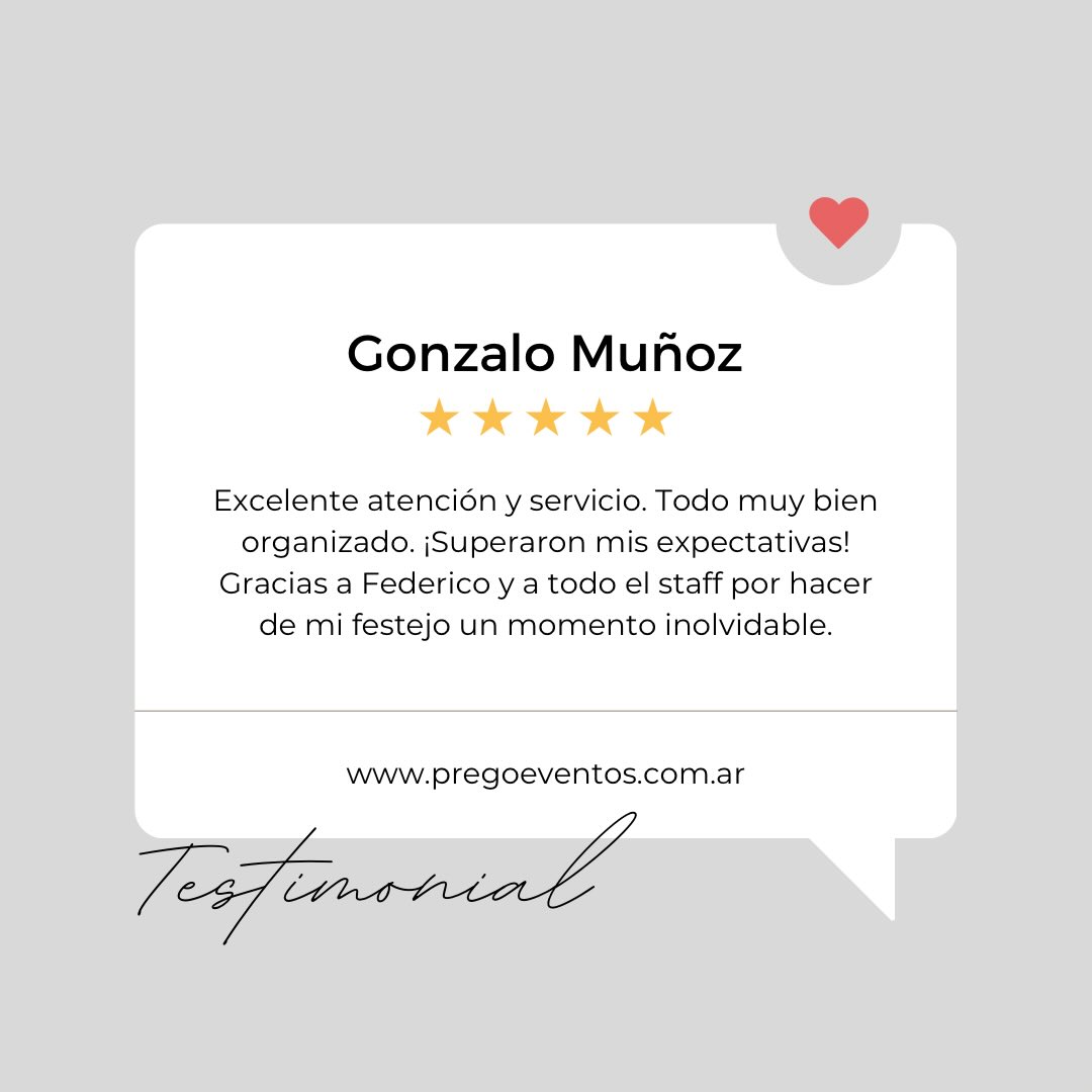 ✨ Cuando los detalles importan, los momentos se vuelven inolvidables.
Los eventos boutique son así: íntimos, cuidados y pensados para que cada invitado sienta algo especial.
El comentario de Gonzalo resume lo que buscamos en cada celebración:
organización impecable, atención cercana y un nivel que sorprende incluso en los formatos más pequeños.
En PREGO, creemos que un evento “chico” puede ser mucho más grande en experiencias.
Gracias por confiar en nosotros para crear momentos únicos.
www.pregoeventos.com.ar