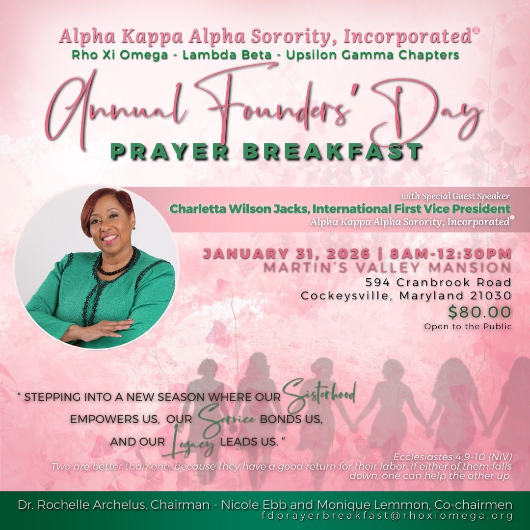 โStepping into a new season where our Sisterhood empowers us, our Service bonds us, and our Legacy leads us.โ ๐๐
Join the Rho Xi Omega, Lambda Beta, and Upsilon Gamma Chapters for our Annual Foundersโ Day Prayer Breakfast featuring special guest speaker Charletta Wilson Jacks, International First Vice President of Alpha Kappa Alpha Sorority, Incorporatedยฎ.
๐
Saturday, January 31, 2026
โฐ 8:00 AM โ 12:30 PM
๐ Martinโs Valley Mansion, 594 Cranbrook Road, Cockeysville, MD 21030
๐ฐ Tickets: $80 | Open to the public | Link in bio
Come worship, fellowship, and pray as we honor our founders and prepare for a new season of service.
#AKAFoundersDay #ServiceToAllMankind #AKA1908 #RXO1988