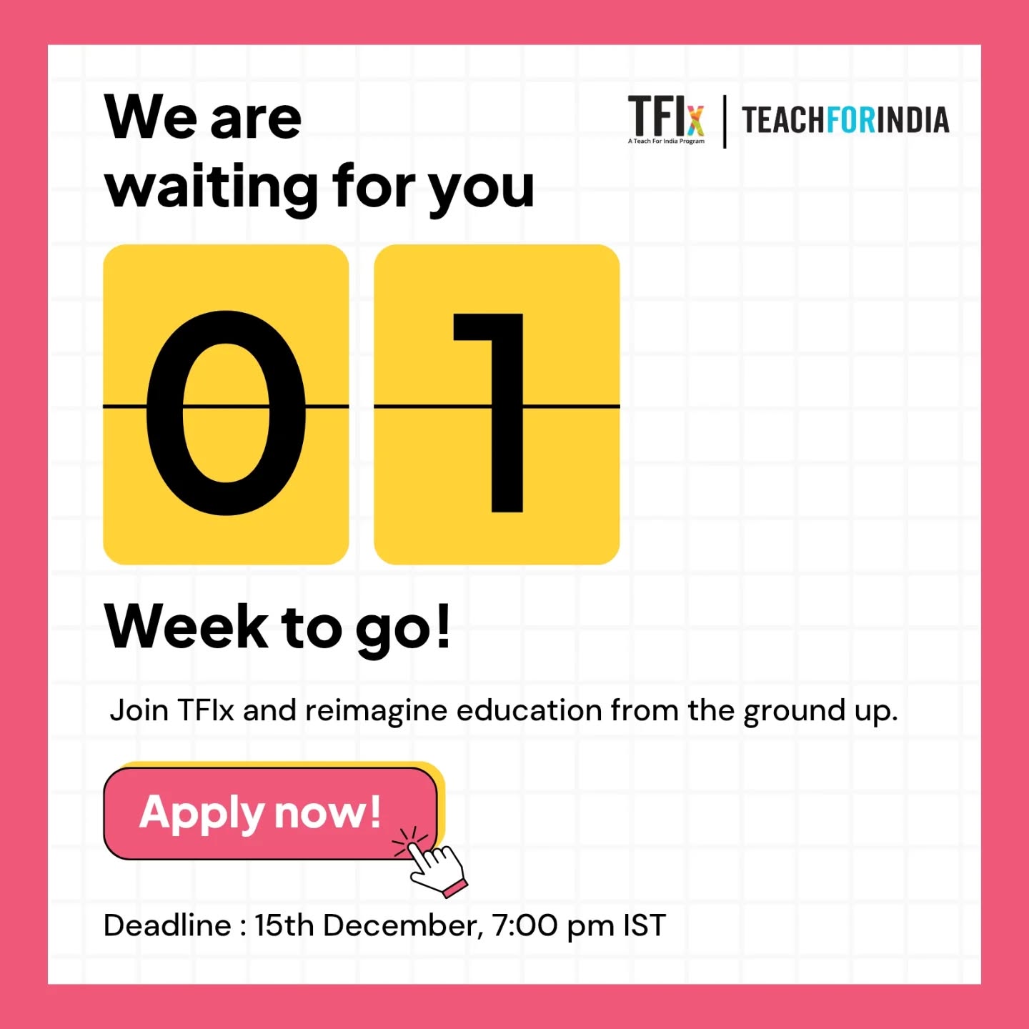 1 week left to Apply!
We’re looking for Entrepreneurs who believe every child deserves an excellent education, no matter where they are born.
If you’re an education Entrepreneur ready to design a Fellowship, TFIx is where you belong.
Applications close on 15th Dec
Apply Today. Link in bio