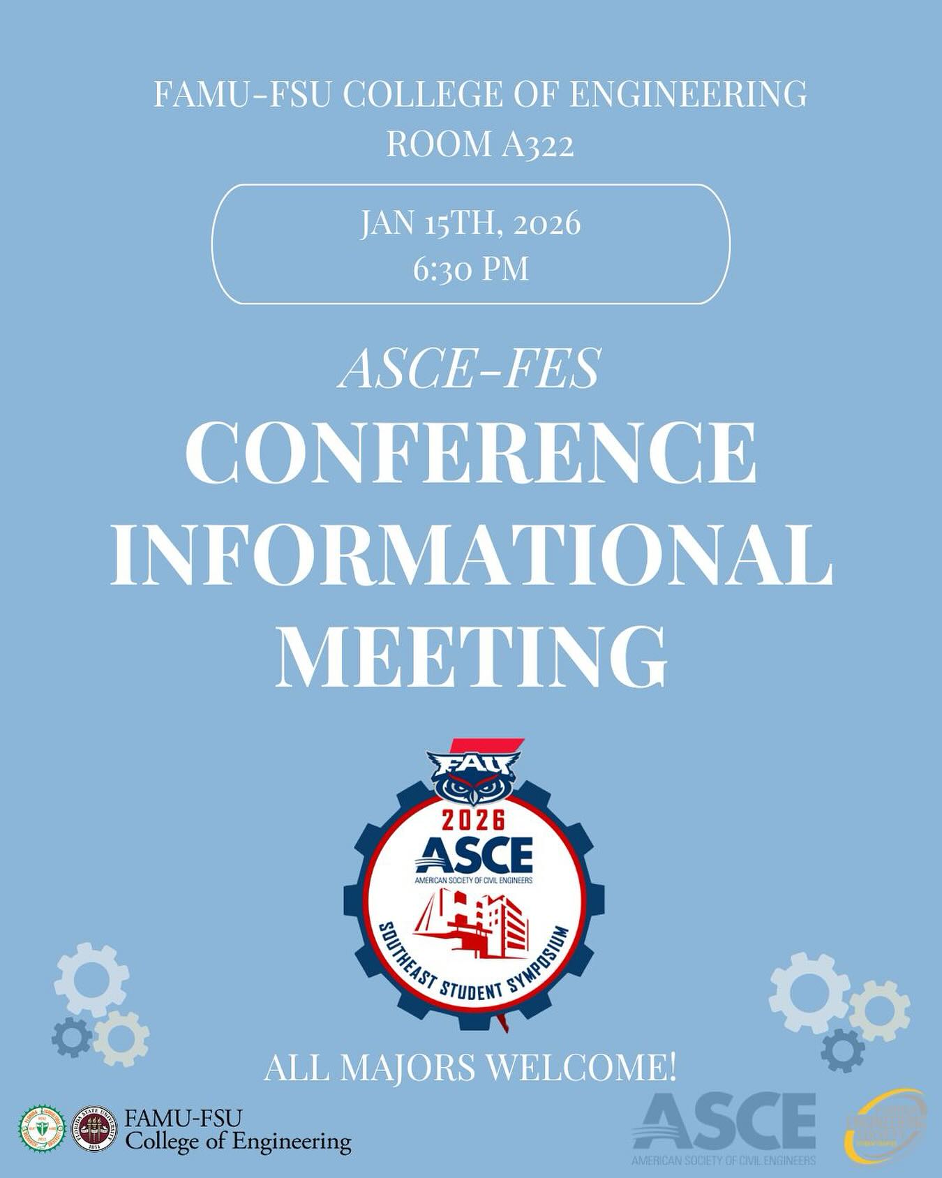 WELCOME BACK EVERYBODY!
ASCE-FES is officially back with our FIRST meeting of the Spring semester!
THIS THURSDAY, JANUARY 15th we will have a CONFERENCE meeting to discuss our biggest event of the year, Southeast Student Symposium!
We highly recommend all members come out and listen to our info about conference, as it is free and included in your dues! This is an AMAZING opportunity to explore different engineering topics, network, and gain career experience!
***also note the room change for spring GBMs, we will be in A322***
We will see you this Thursday at 6:30 in A322! ⭐️