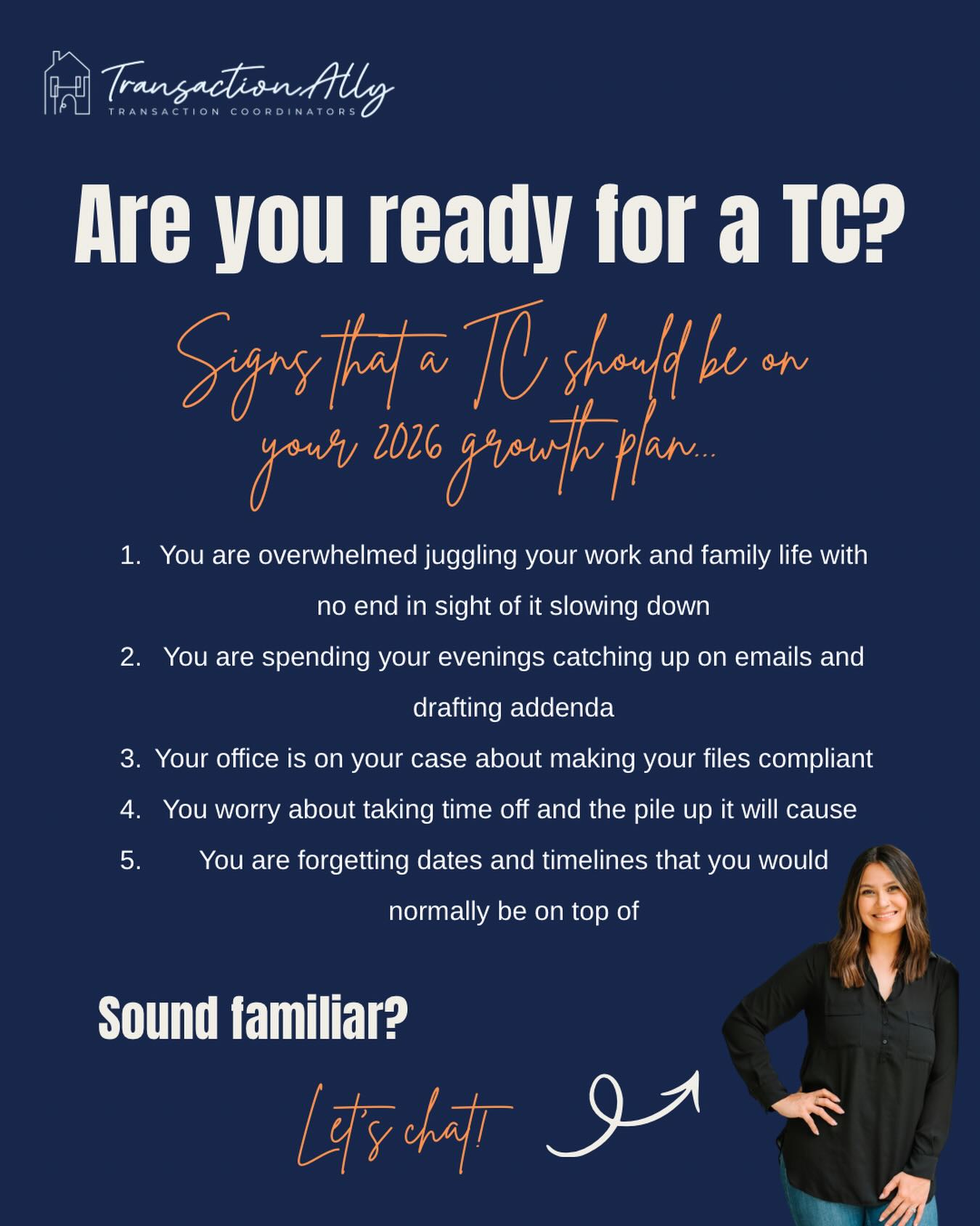 Last year, did you feel you were burnt out or just âpushing through?â đŽâđ¨
Late nights. Missed events. Constant contract deadlines.
You didnât get into real estate to live inside your inbox.
If paperwork, follow-ups, and timelines are draining your energy, it may be time to stop doing it all yourself.
⨠Hiring a Transaction Coordinator doesnât mean youâre weak.
⨠It means youâre ready to protect your time, sanity, and business.
Are you ready to invest in efficiency, professionalism and long-term growth, all while getting your life back?
Letâs talk about what a TC can do for you. đ
