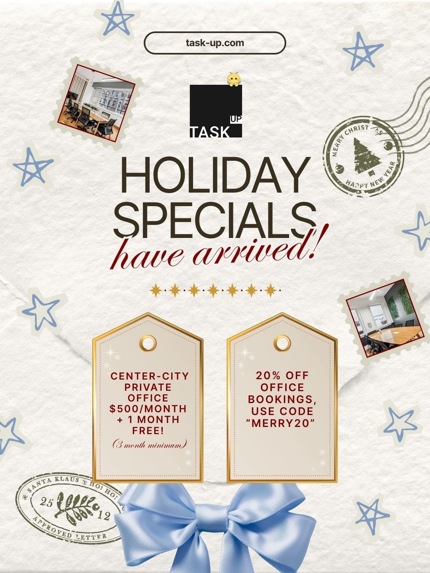Give the gift of productivity this holiday season 🎁🎄💼
Holiday offers now valid through Dec 31st. Multiple bookings & bookings in advance allowed. Visit task-up.com now to claim your gift, happy coworking! ❄️
#taskupphilly #holidayinthecity #coworkcommunity #phillycoworking #supportphillysmallbusiness #supportlocalphilly #workinphilly
