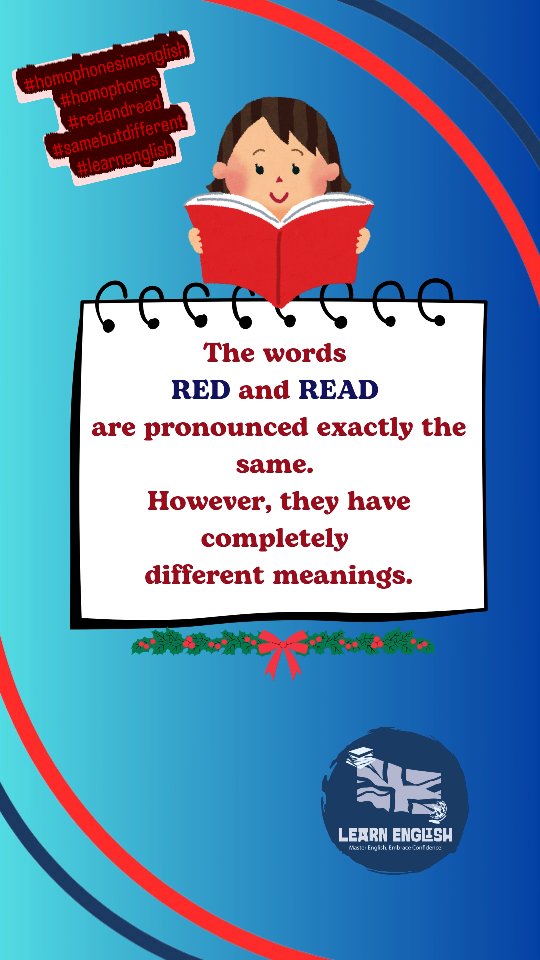 It's time for some #homophones Do you know the #difference between #redandread ? #samebutdifferent #learnenglishwithme #homophonesinenglish