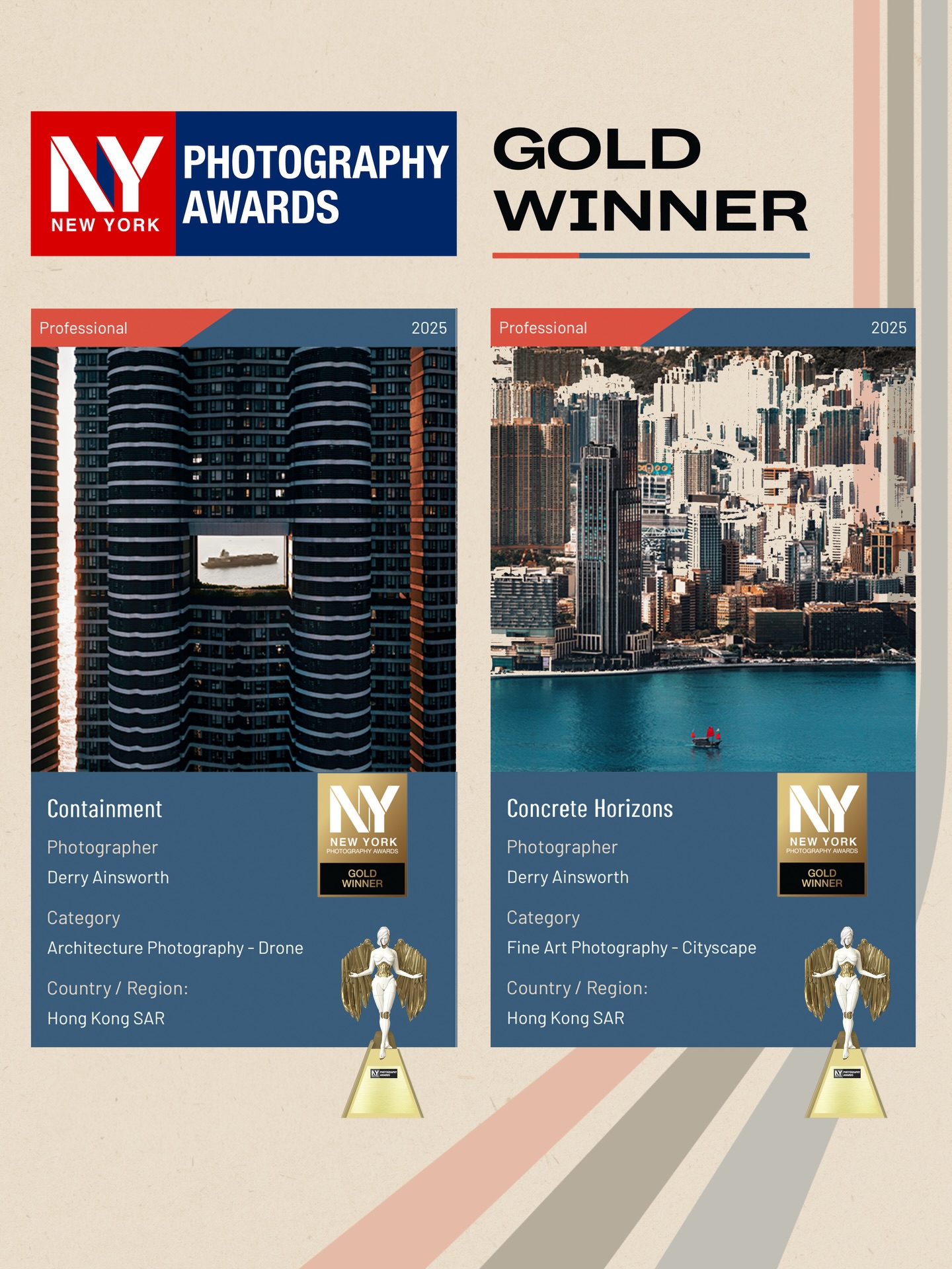 2 x Gold award at the 2025 @nyphotographyawards 🥇 winning in the global ‘architecture drone’ and ‘fine art cityscape’ categories! Glad to be sharing the beauty of HK with the world!! Images available in my new book - link in bio to pick up a copy! #hongkong #nyphotographyawards #discoverhongkong #nypa2025