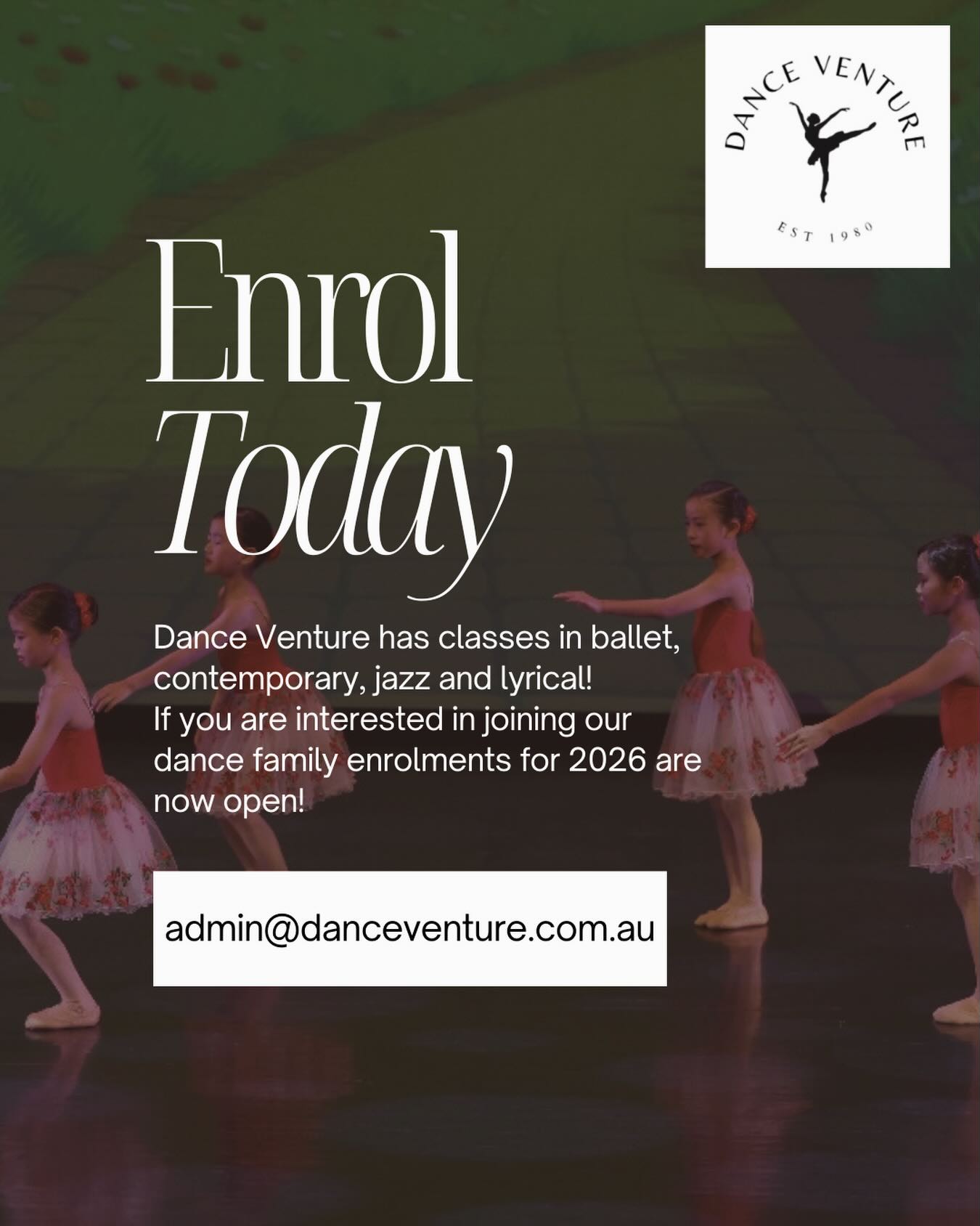 Enrol now for 2026! Tell your friends to come join our dance family 🥰🩰 please either email admin@danceventure.com.au or visit our website www.danceventure.com.au
#enrolnow #bringon2026 #ballet #radballet #contemporary #jazz #lyrical