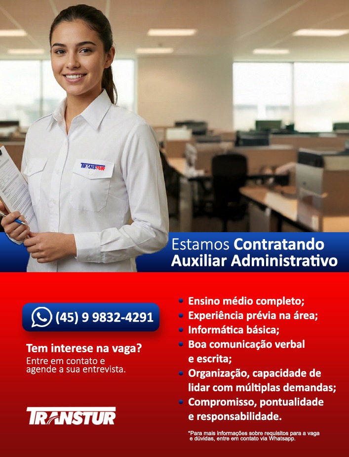 📢 Estamos contratando!
A Transtur Turismo está com vaga aberta para Auxiliar Administrativo 🚍✨
Se você é organizado(a), comunicativo(a) e busca uma oportunidade de crescimento profissional, essa pode ser a sua chance!
✅ Ensino médio completo
✅ Experiência na área
✅ Informática básica
✅ Boa comunicação e responsabilidade
📲 Interessou? Entre em contato pelo WhatsApp (45) 9 9832-4291 e agende sua entrevista.
Venha fazer parte do nosso time e crescer com a Transtur! 💼🚀
#vagadeemprego #auxiliaradministrativo #estamoscontratando #transtur #oportunidade #Trabalho