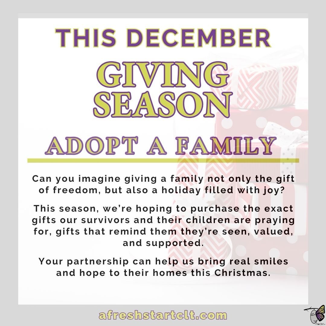 ’Tis the Season to Give and We Need You! 💜
Help us continue making an impact by adopting a family for this holiday season. Your support will bring hope, joy, and the gift of new beginnings to our survivors and their children.
Will you join us in making their holiday truly special?
¡Es época de dar y te necesitamos! 💜Ayúdanos a seguir generando un impacto positivo adoptando una familia para estas fiestas. Tu apoyo traerá esperanza, alegría y el regalo de un nuevo comienzo a nuestros sobrevivientes y sus hijos. ¿Te unes a nosotros para hacer que sus fiestas sean realmente especiales?
💜🦋To donate feel free to click on our link in our bio or visit our website at www.afreshstartclt.com. Thank you in advance for your heart to give! Para donar, haz clic en el enlace de nuestra biografía o visita nuestro sitio web: www.afreshstartclt.com. ¡Gracias de antemano por tu generosidad! @afreshstartclt #givingseason #afreshstartclt