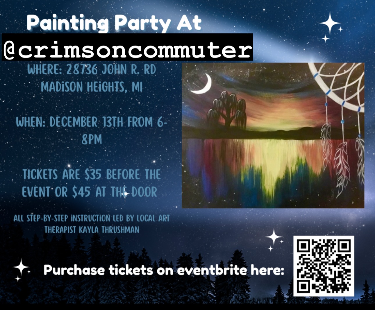 Celebrate this time of year with us at Crimson Commuter! Join us for a night of painting & snacks at your local crystal shop. Please purchase tickets at the QR code provided.