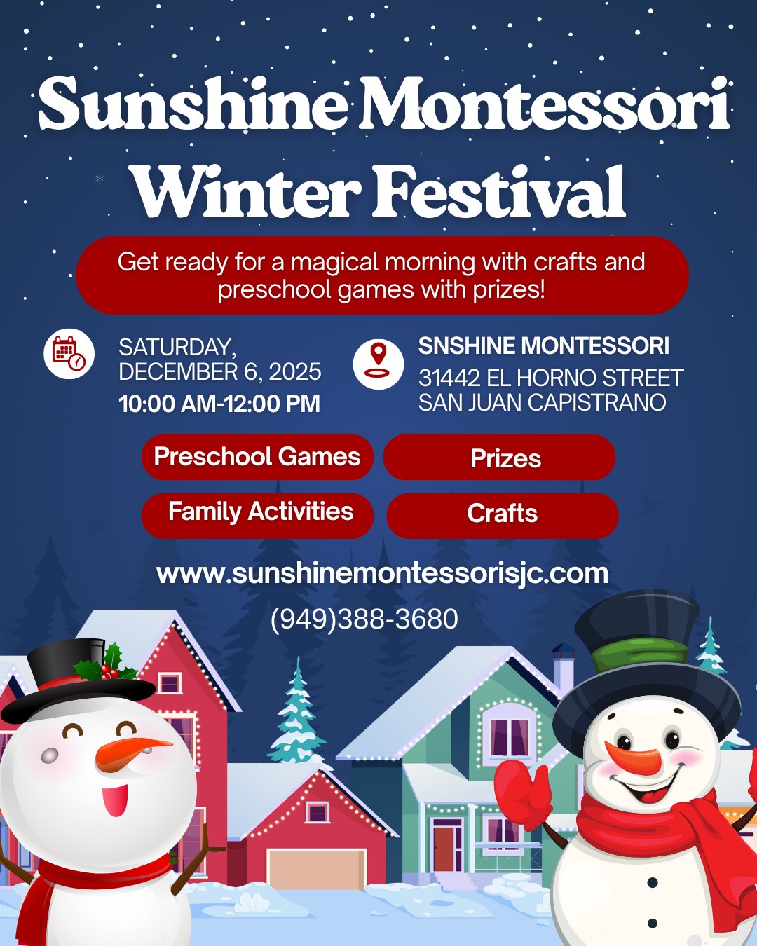 Come celebrate winter with us this Saturday, December 6, 2025 from 10:00 am-12:00 pm. We will have games for preschoolers with prizes, crafts, and family activities. We can't wait to celebrate with you!
Sunshine Montessori of San Juan Capistrano
31442 El Horno Street, San Juan Capistrano
(949)388-3680 www.sunshinemontessorisjc.com
18 months-6 years old
#sunshinemontessori
#sanjuancapistranomontessori
#southoctoddlerprogram