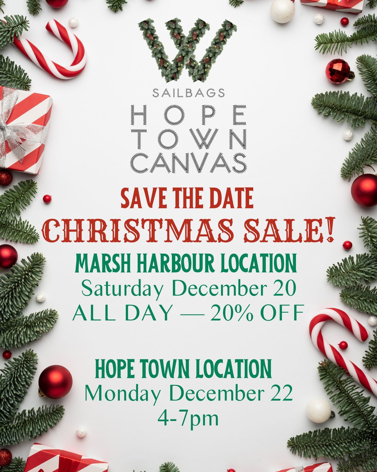 SAVE THE DATE! WE ARE HAVING OUR 20% OFF CHRISTMAS SALE 🎁🎄❤️
DEC. 20th: Marsh Harbour location, all day!
DEC. 22nd: Hope Town location, 4-7 pm
Bring your friends, have some fun, and enjoy some deals shopping for your loved ones!