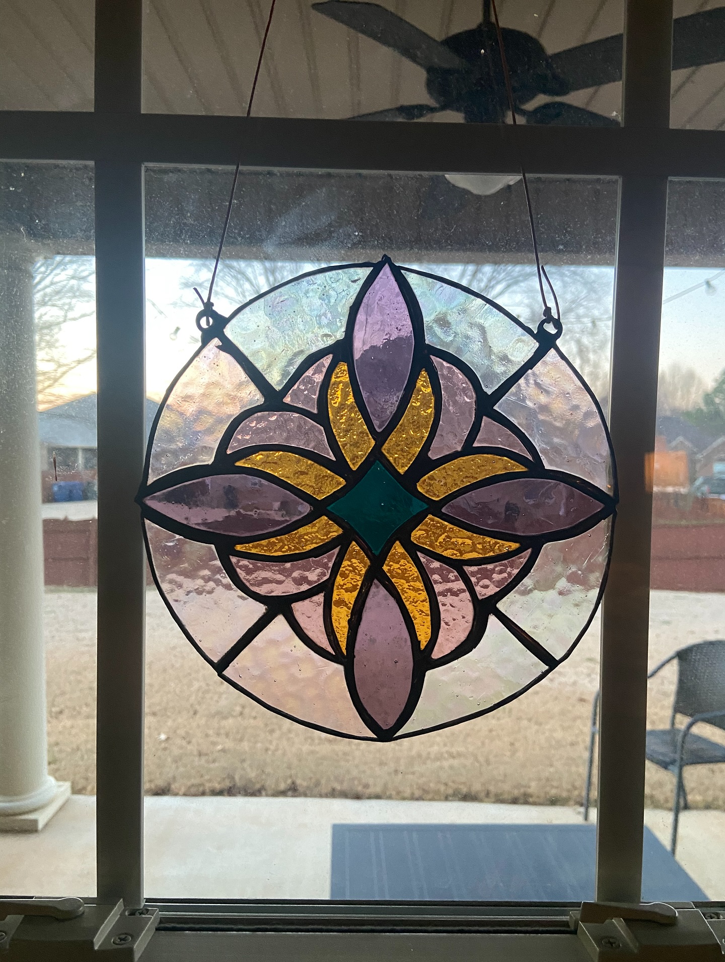 1st piece of 2026! Thinking about adding a stained glass section to website. What do y’all think…should I? (Yes, I need to wash my windows 😅)
8” geometric circle available. $70- DM to purchase.
#huntsvilleartist #stainedglassartist #stainedglass