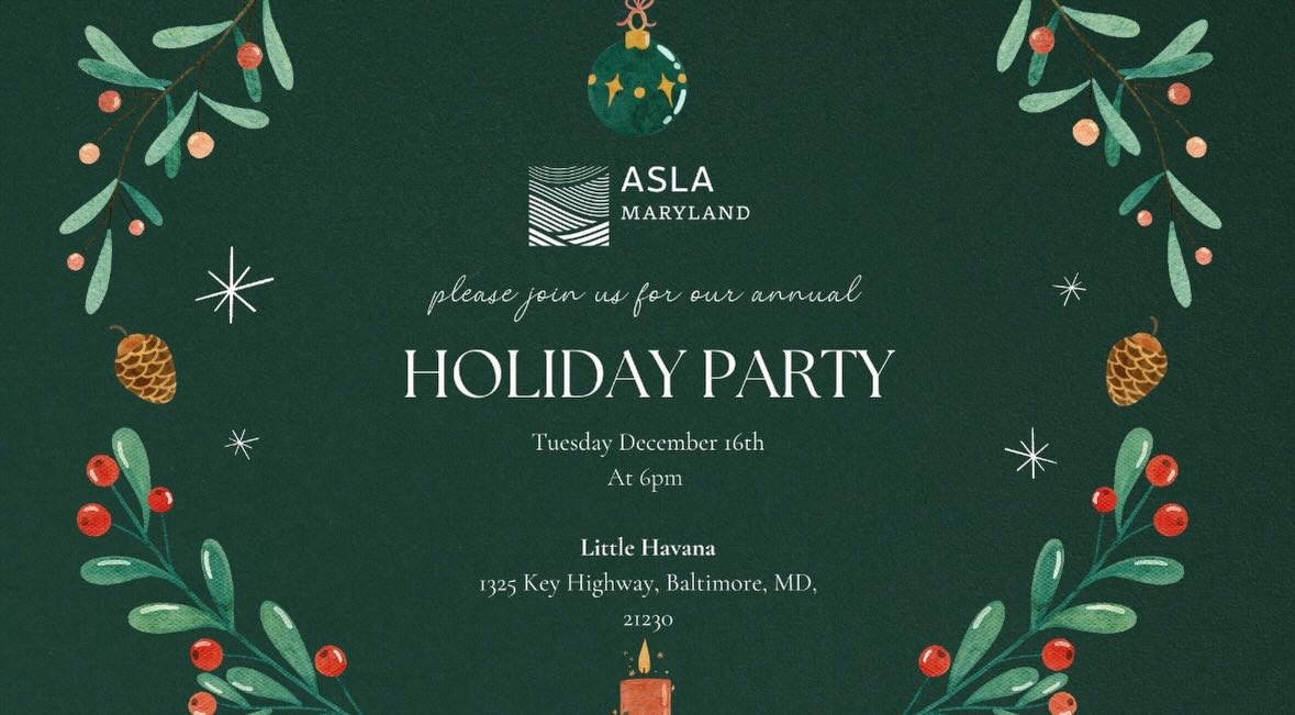 Join us for the annual MDASLA Holiday Party, where colleagues and friends gather to celebrate the achievements of landscape architecture in Maryland and to thank the wonderful sponsors that support our organization. Let’s celebrate, connect, and networks in a relaxed and festive setting!
Thank you to our sponsors Divison 32, Victor Stanley, Techo Bloc, and Nolan Brands!