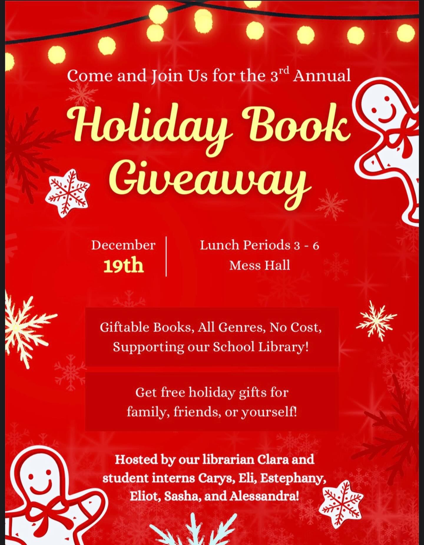 🎁📚 Harbor School Holiday Book Giveaway! 📚🎁
We’re getting ready for our 3rd annual Holiday Book Giveaway next Friday, December 19th in the Mess Hall during all lunch periods (3, 4, 5, 6) and we need your help!
We’re collecting NEW or ALMOST NEW books to offer the community this season—think something you’d be excited to receive as a gift. All genres and levels welcome! The books will be gifts students can get for themselves or find something for a friend or loved one.
Donation Drop-Off:
Harbor School Library (room 315)
Starting tomorrow, Friday December 12th through next Thursday, December 18th
Thank you for supporting our school community and happy holidays! ❤️✨